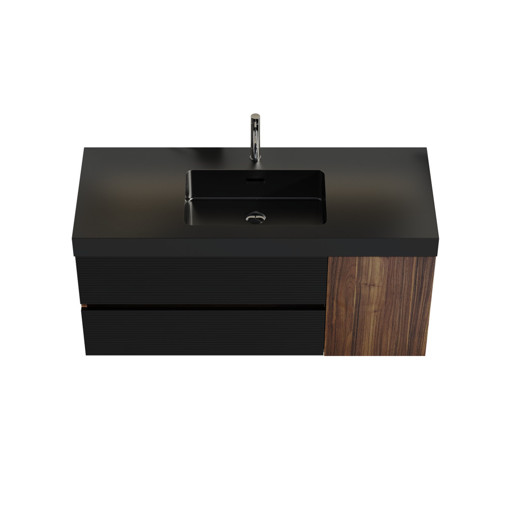 48″ Walnut Bathroom Vanity with Matt Black Engineered Quartz Sink and Soft Black