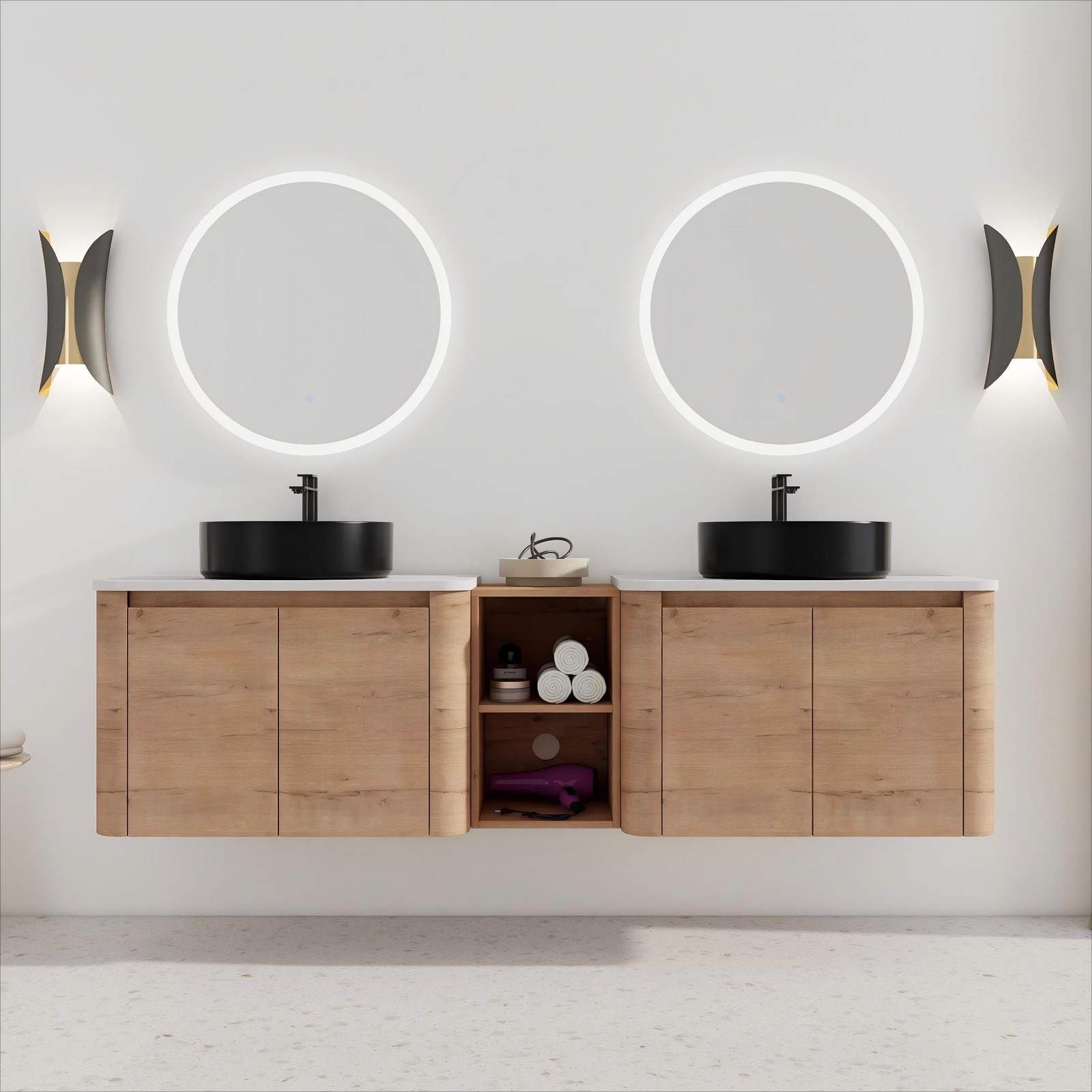 72” Wall-Mounted Bathroom Vanity Double Ceramic Black Vessel Sink 4 Doors Wood