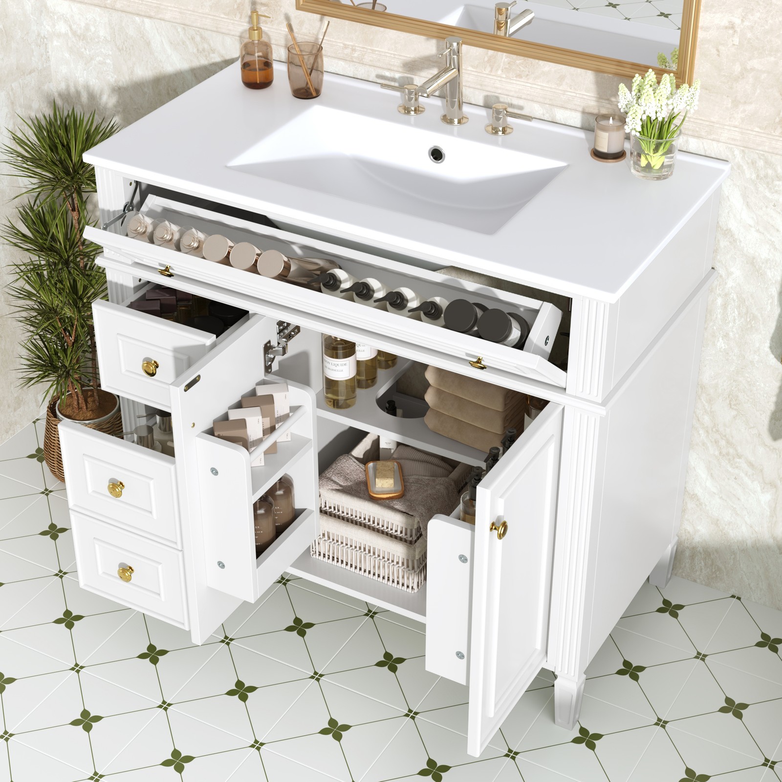 White 36 Inch Bathroom Vanity with Sink, Solid Wood Cabinet, Gold Handles
