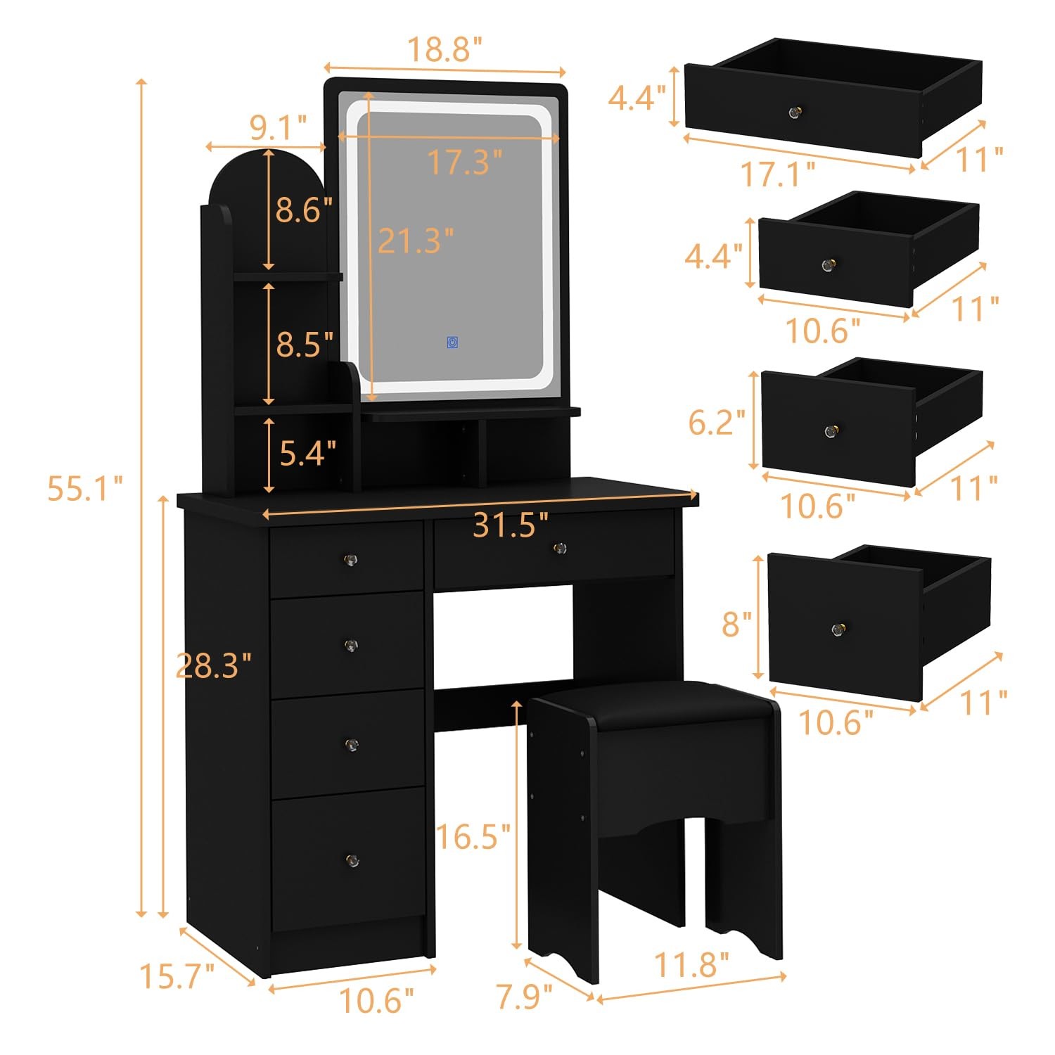Makeup Vanity Set with Lighted Mirror 5 Drawers Dressing Table Stool Black