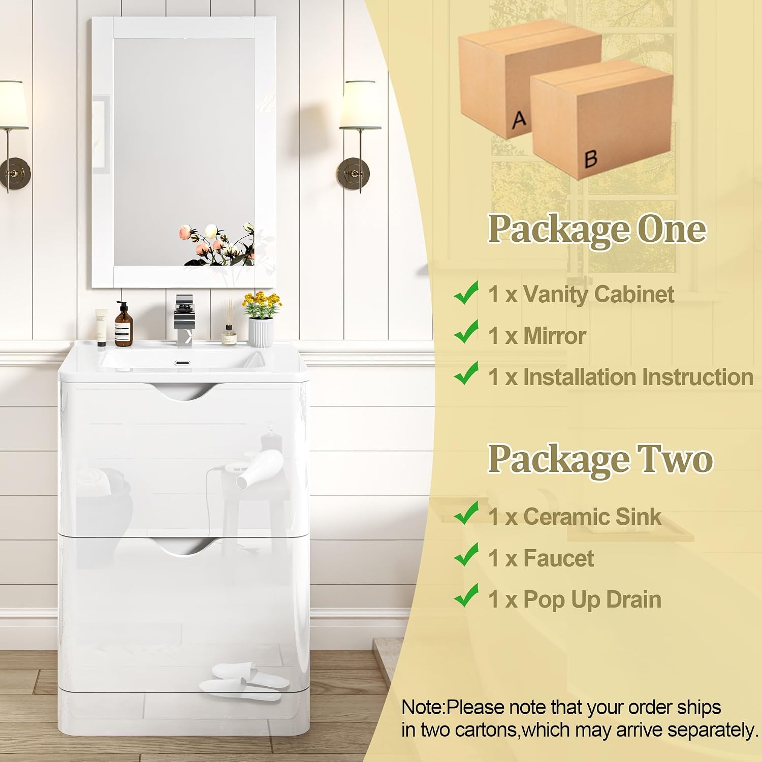 24″ Modern High Gloss Bathroom Vanity with Sink Combo,Mirror, Faucet Set,