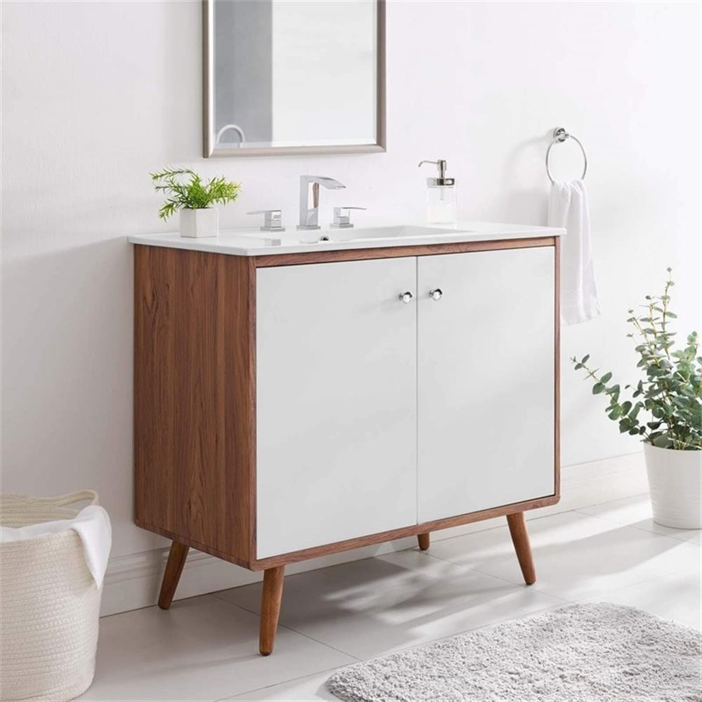 Pemberly Row 36″ Modern Wood and Ceramic Bathroom Vanity in Walnut/White