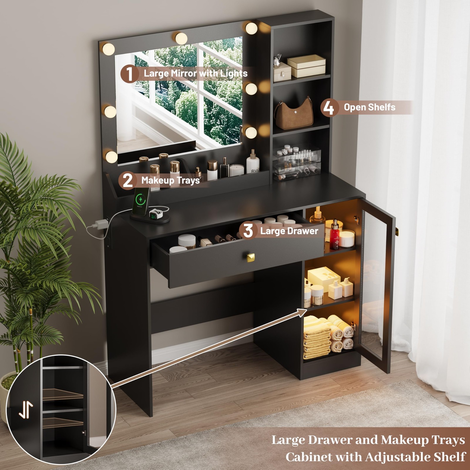 34in Makeup Vanity with Mirror Lights Charging Station 3 Color Lighting Modes