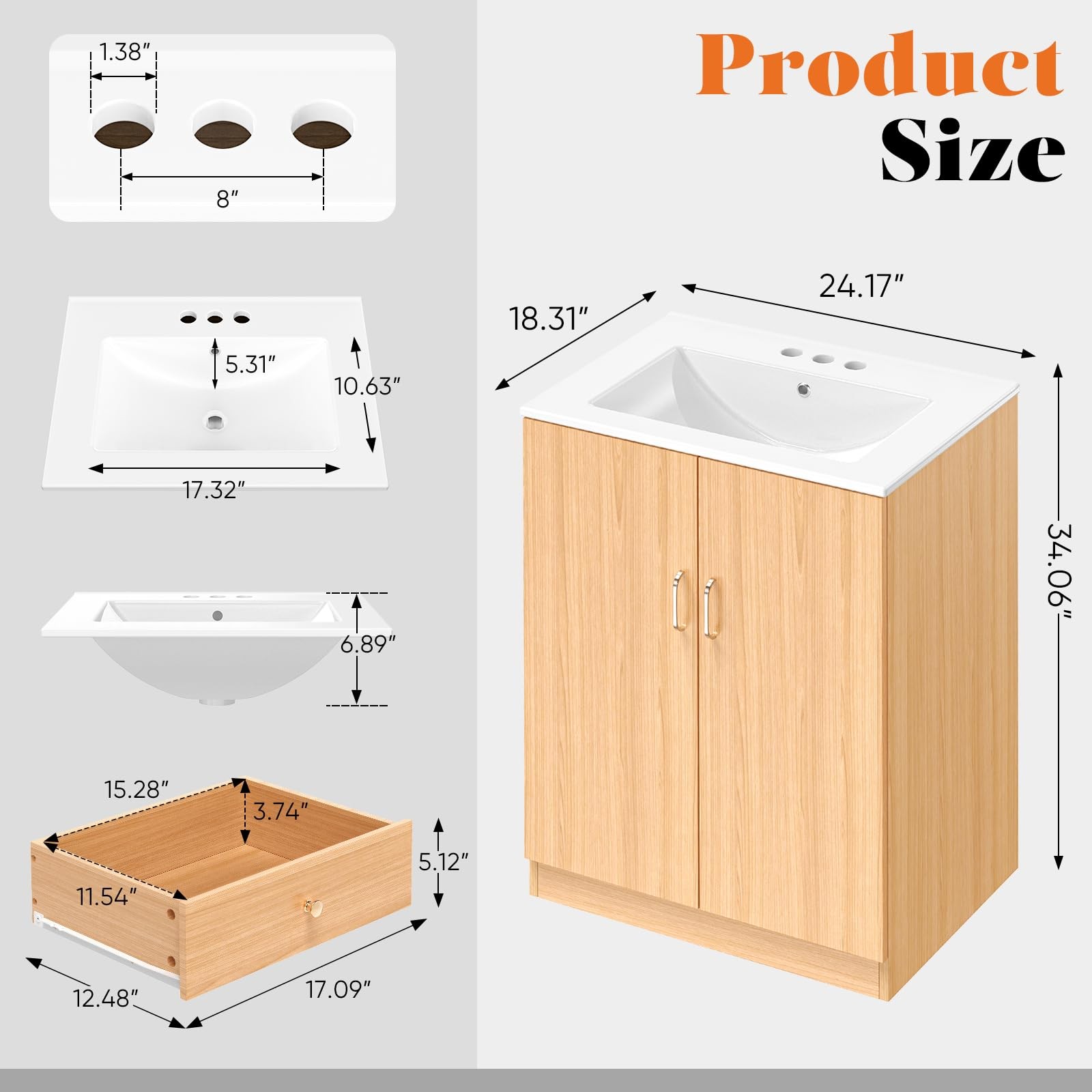 DUMOS 24″ Modern Bathroom Vanity with Ceramic Basin, Undermount Sink Cabinet …