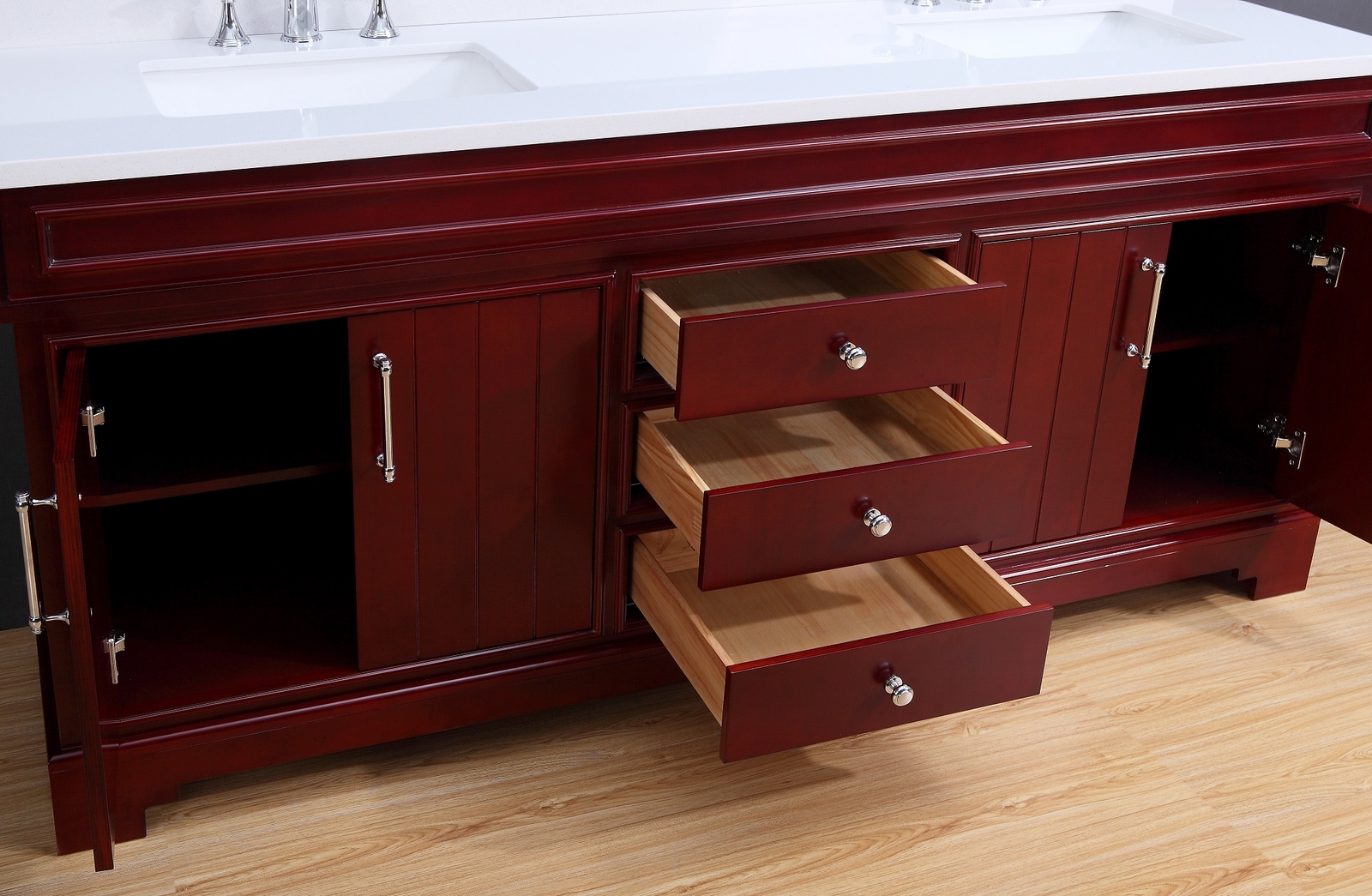 72″ Transitional Bathroom Vanity Set – White Quartz Top – Cherry Finish – Marina