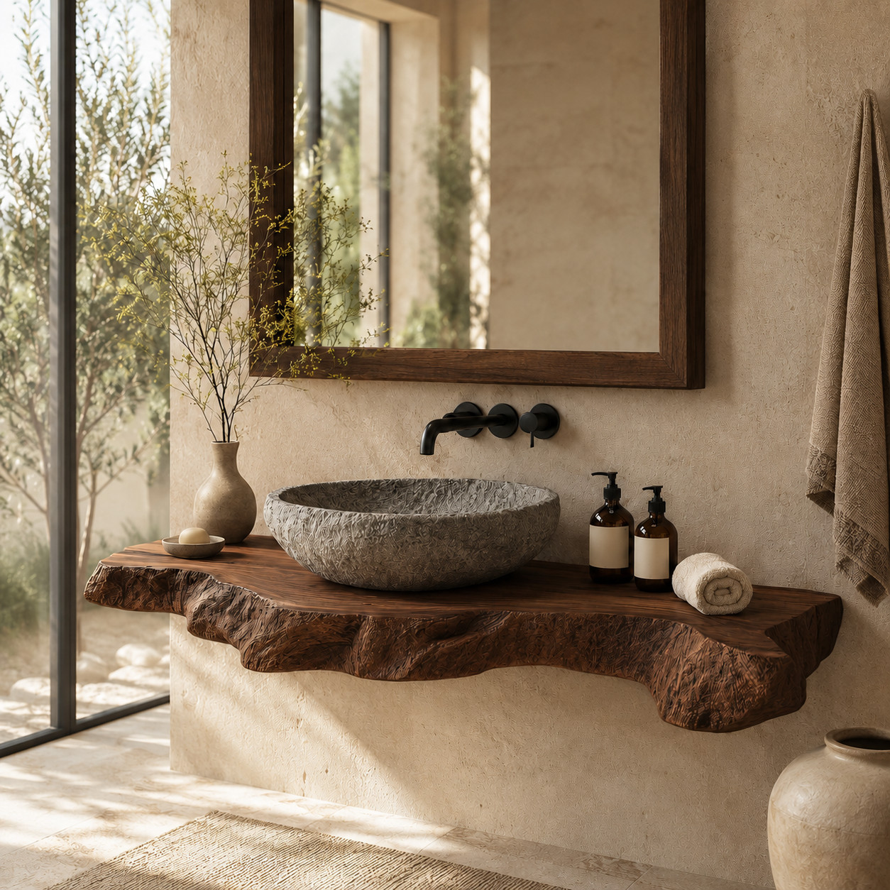 Luxury Live Edge Bathroom Vanity – Handcrafted Solid Wood Floating Sink Counter