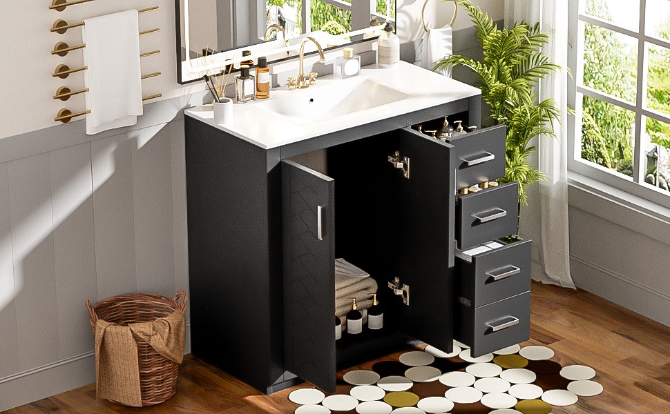 36″ Bathroom Vanity with Ceramic Sink, Solid Wood Frame, 3 Drawers, Black