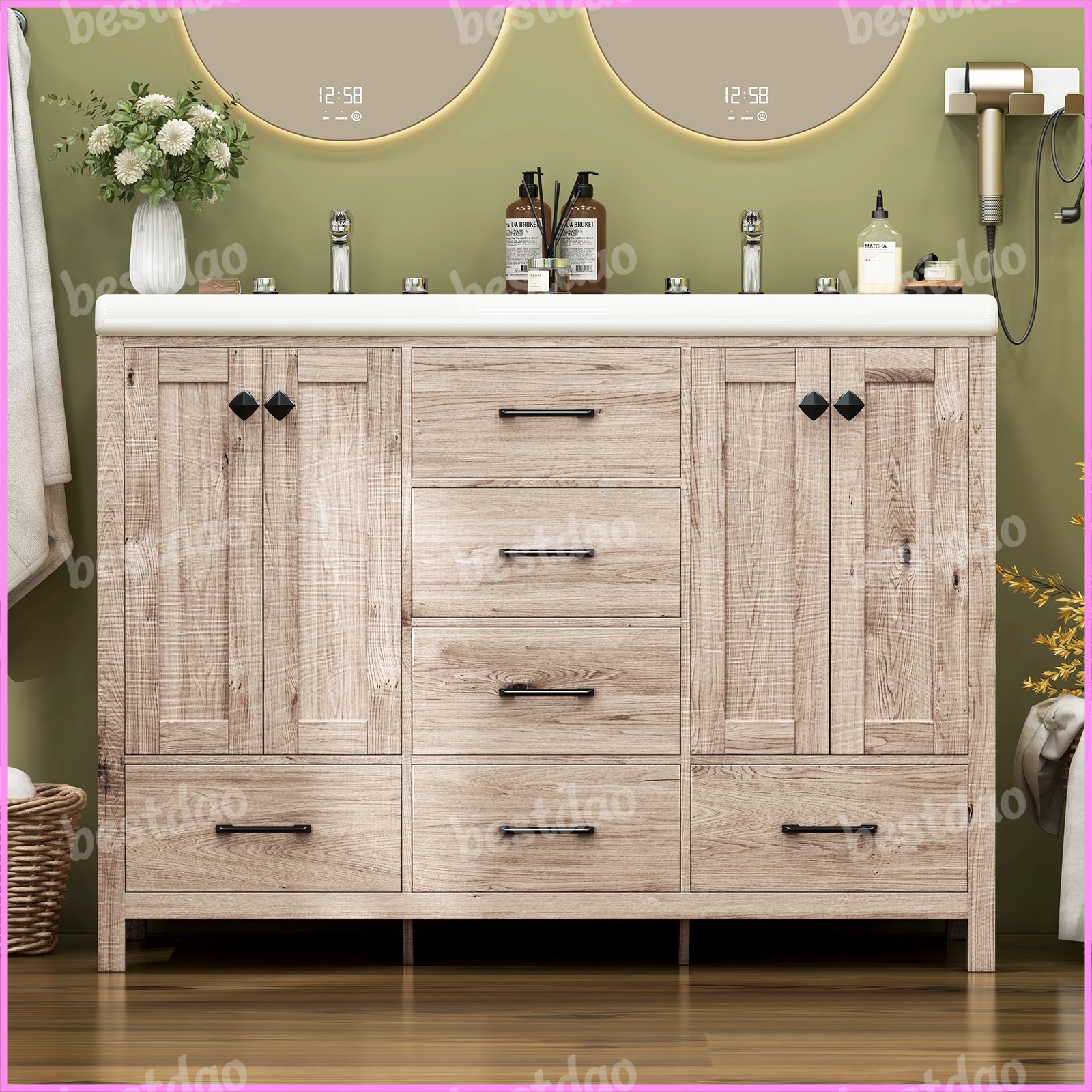 47″ Freestanding Bathroom Cabinet with Double Sink Black Vanity w/ Ceramic Sink