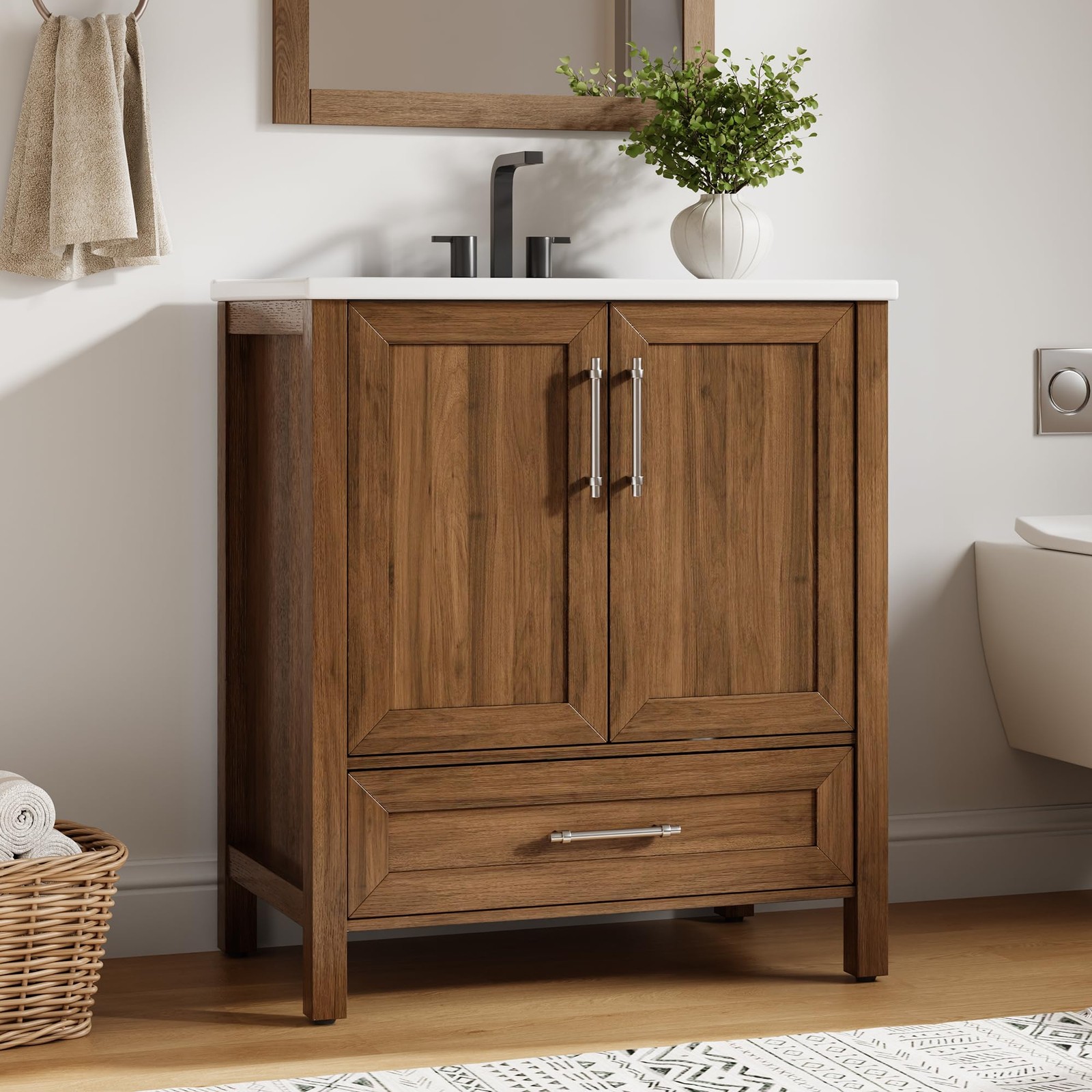 Small Space 30″ Vanity, Wood Freestanding, Soft-Close Door, Metal Handle, Sink