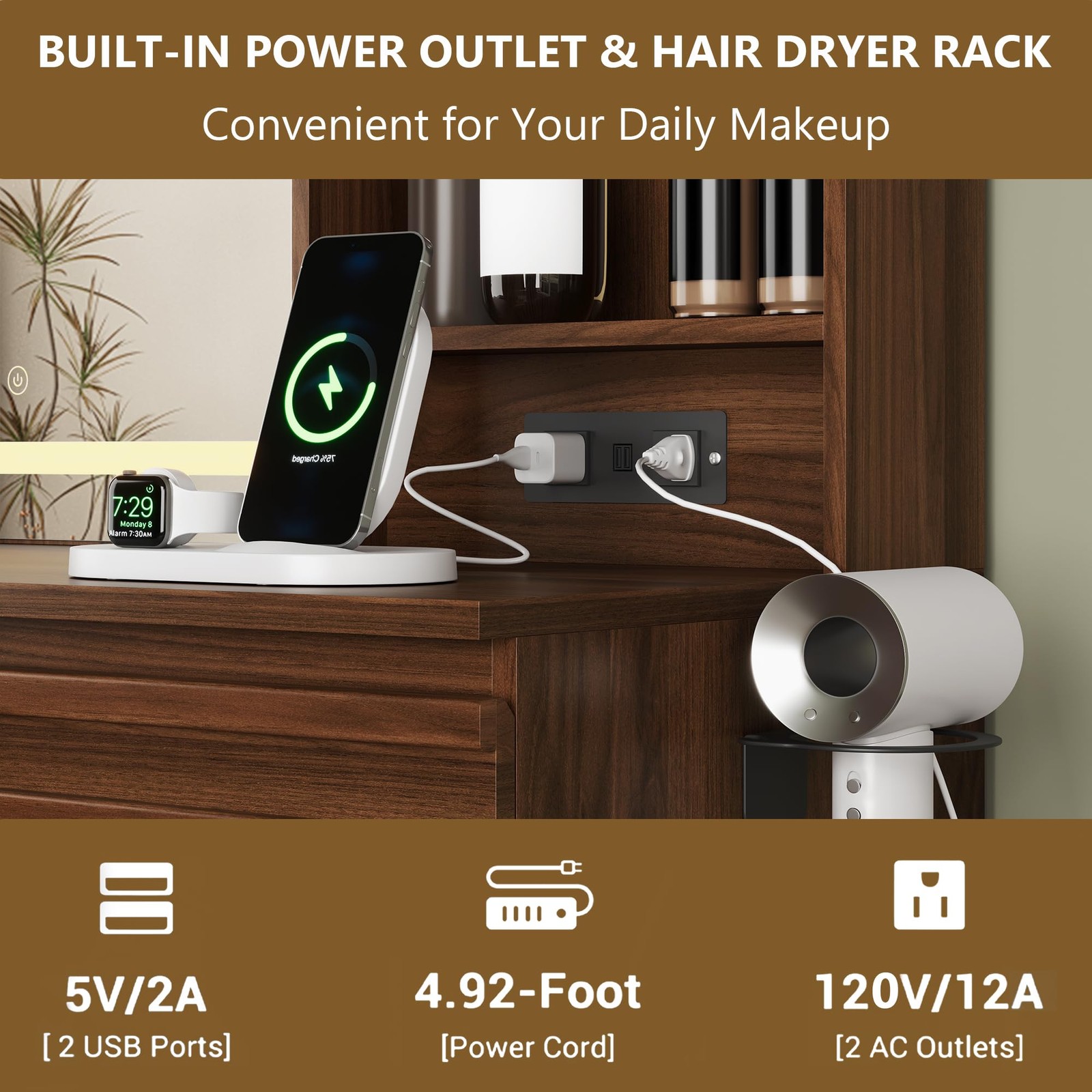 Makeup Vanity Desk with LED Lighted Mirror Fluted 4 Drawers Power Outlet Walnut