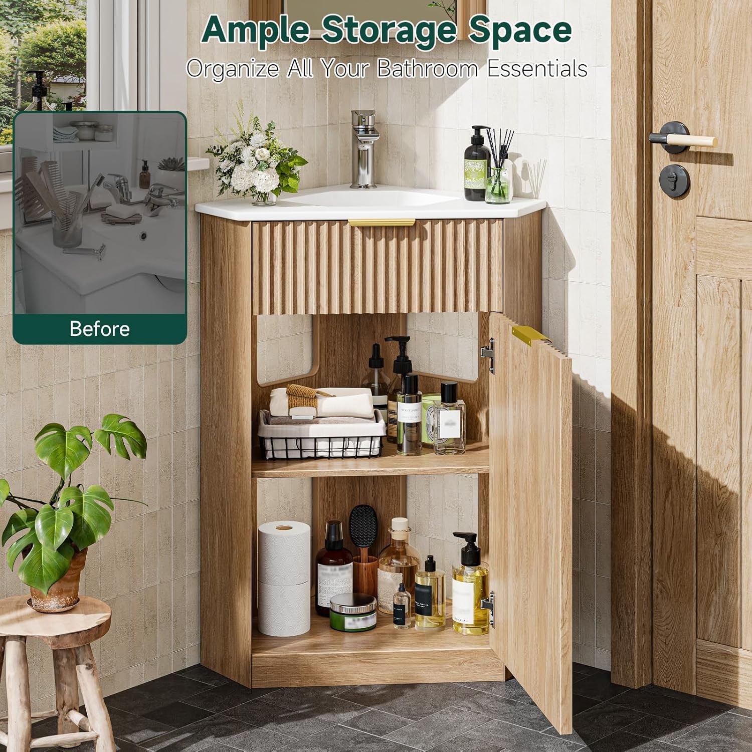 Corner Bathroom Vanity Sink Combo，Bathroom Cabinet for Small Space, Freestanding