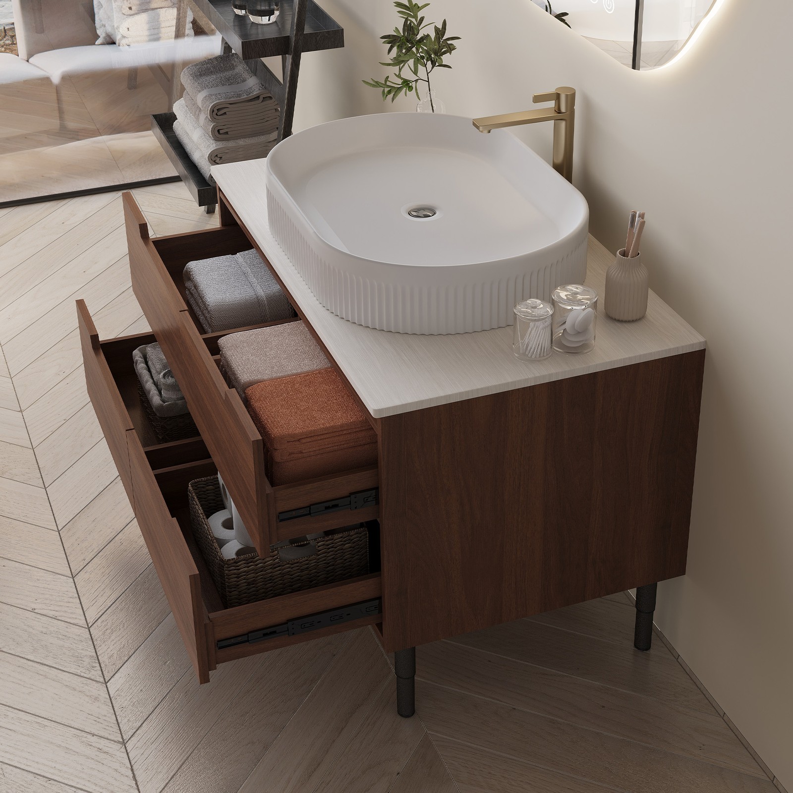 Bathroom Vanity w/Ceramic Integrated Sink, Storage Cabinet w/Soft-Close Drawers
