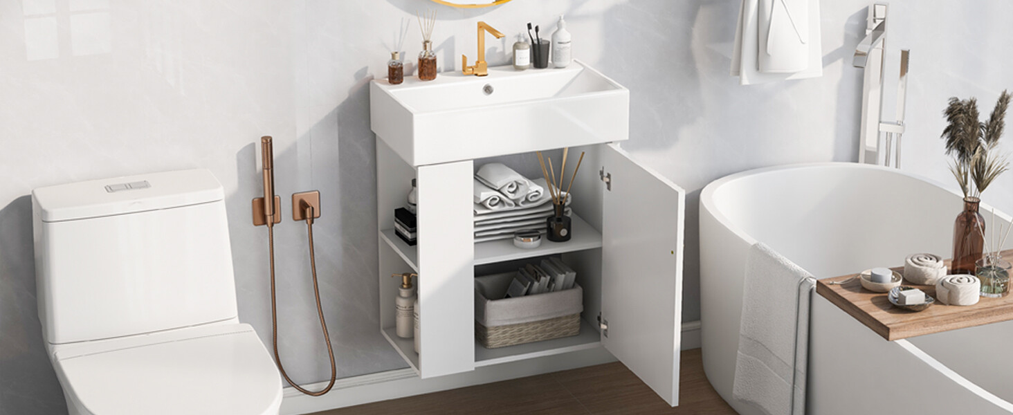 21.6inch Modern Floating Bathroom Vanity with Ceramic Basin Left side storage
