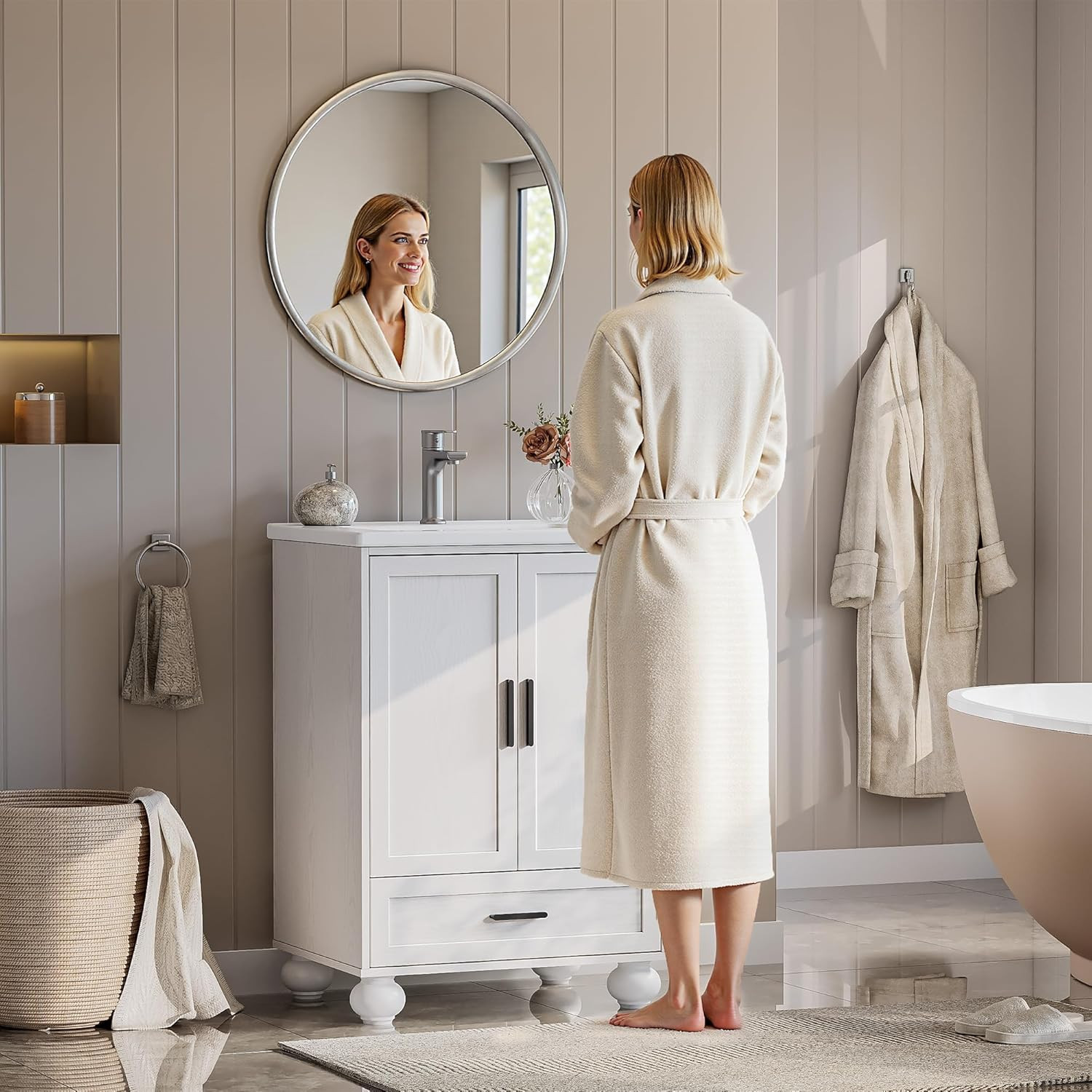 Elegant 24″ White Bathroom Vanity with Ceramic Sink & Solid Wood Legs