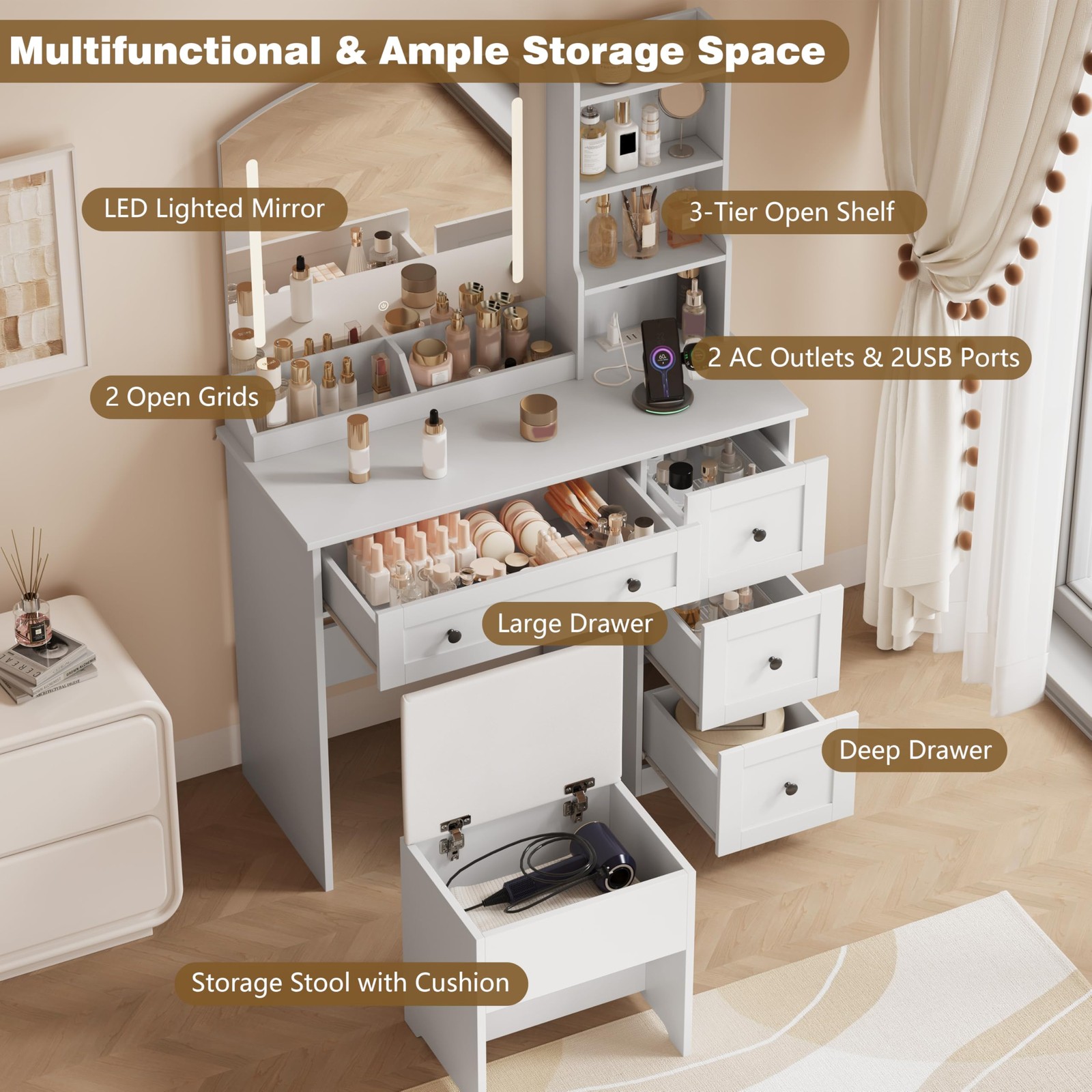 App Controlled RGB Vanity Arc Mirror Makeup Table Drawers Chair 3 Modes Outlet