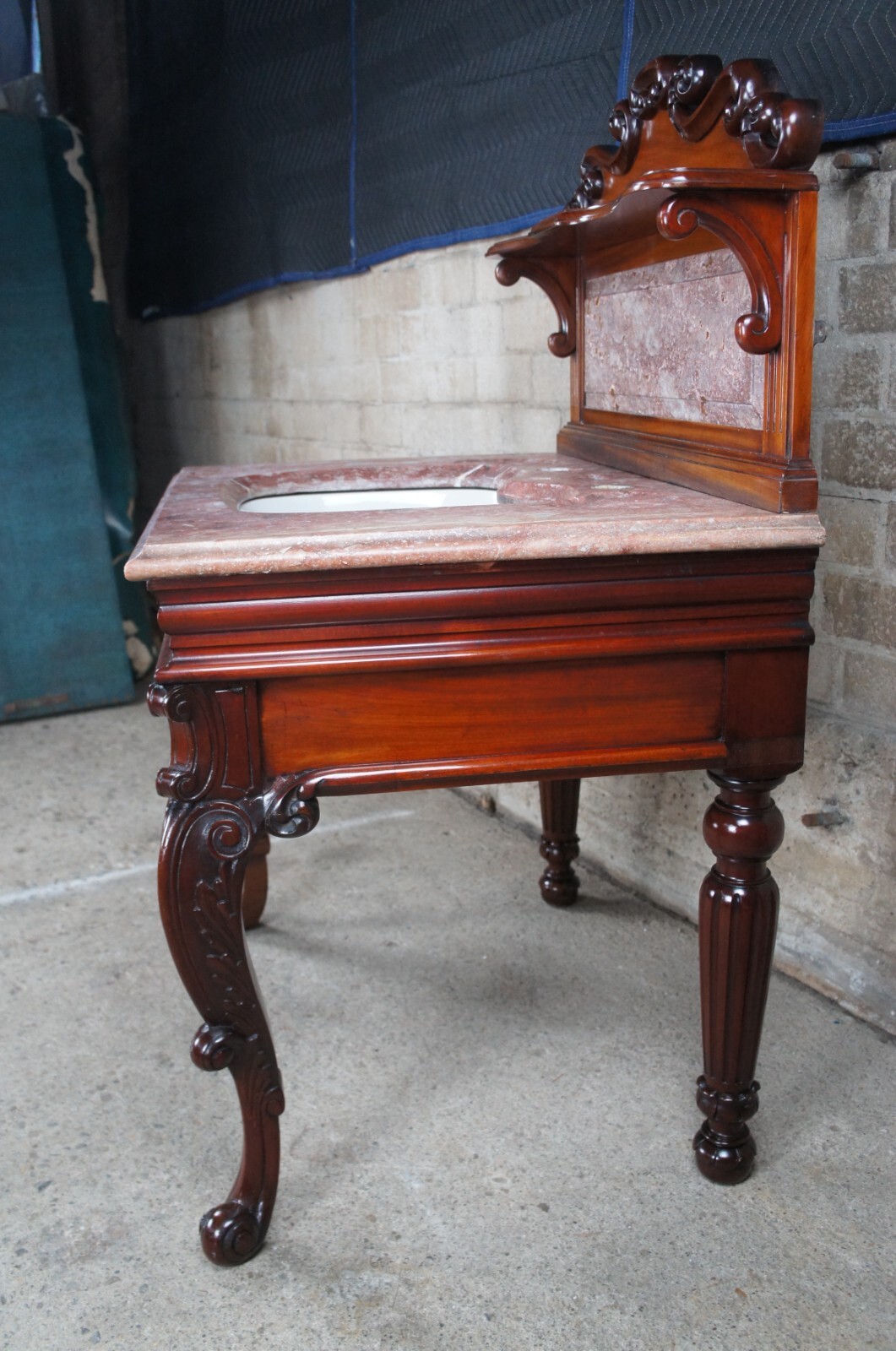 Rare Antique French Victorian Mahogany Marble Top Bathroom Vanity Porcelain Sink