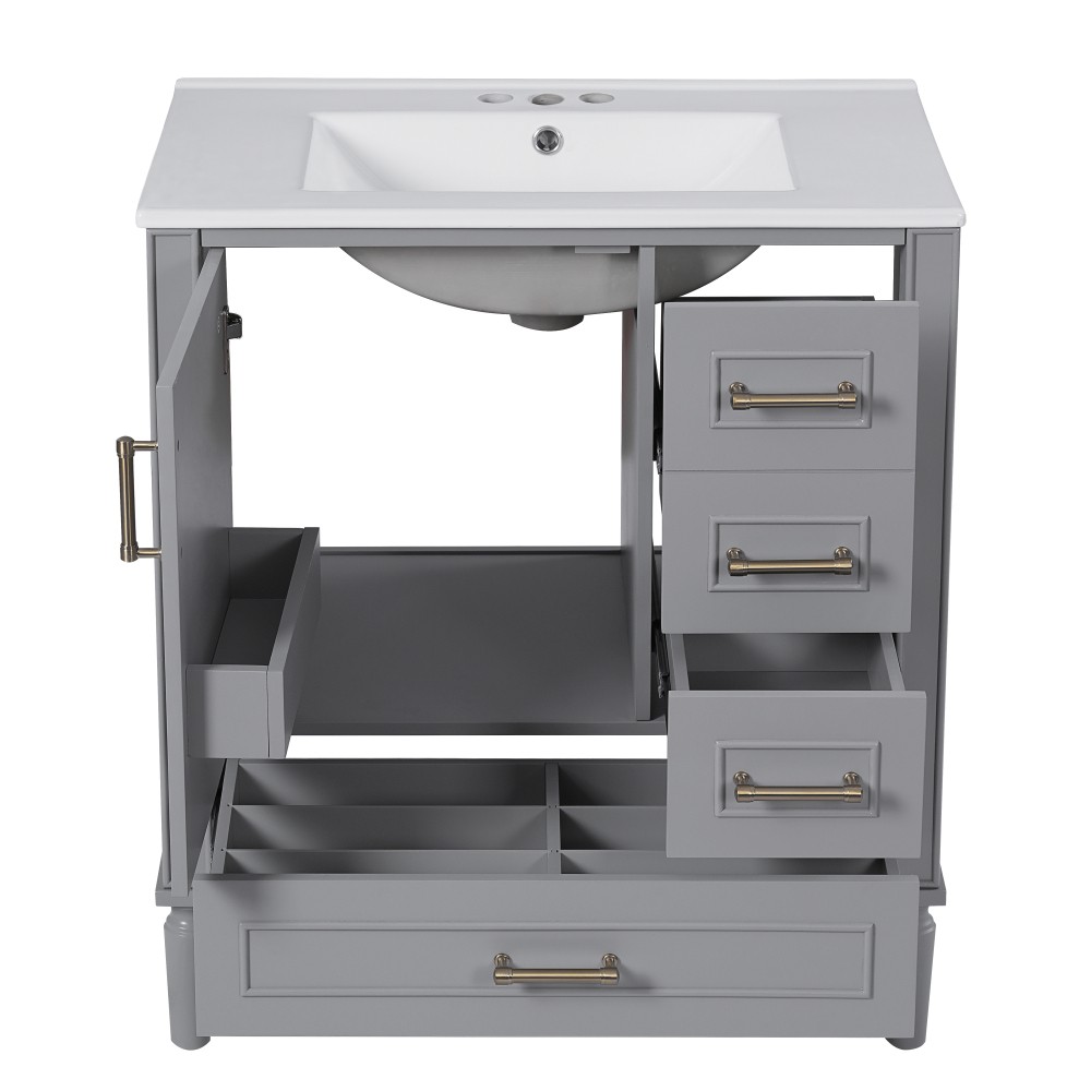 30″ Wood Bathroom Vanity Ceramic Sink Soft Close Door 3 Drawers Storage Cabinet