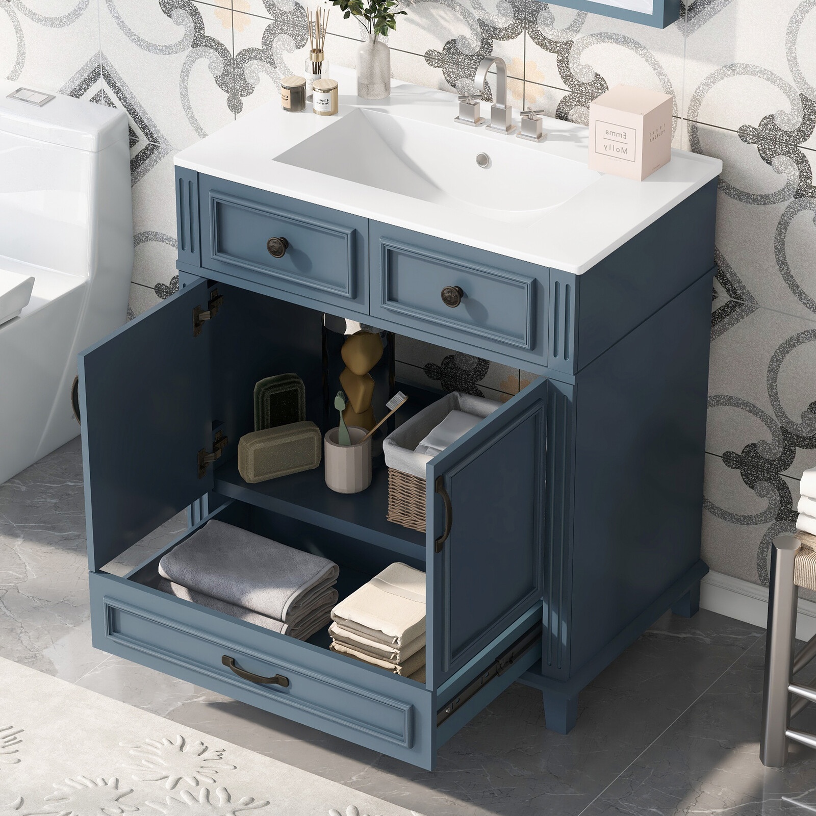 30” Bathroom Vanity with Ceramic Sink,Solid Wood Frame Bathroom Storage Cabinet