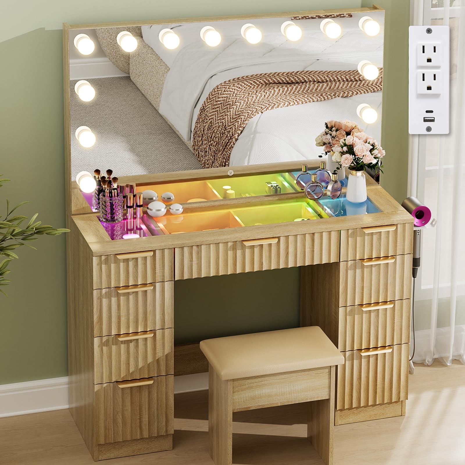 43 Oak Makeup Vanity LED Mirror 3 Color Dimmable Glass Top RGB Drawers