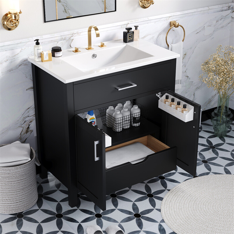 30″ Bathroom Vanity with Ceramic Sink and Storage Cabinet Built-in Drawe & Doors