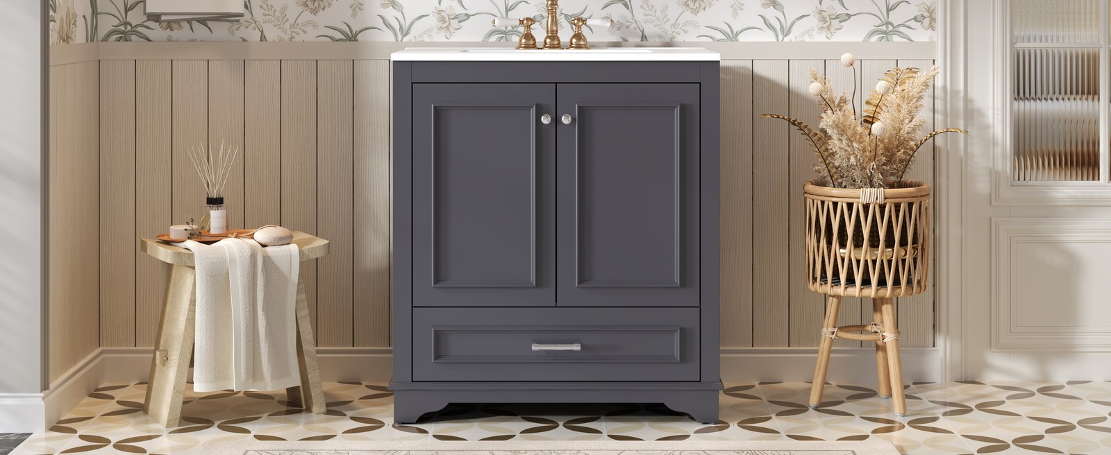 30.5″ Bathroom Vanity with Ceramic Sink, 2 Soft Close Doors, Solid Wood Frame