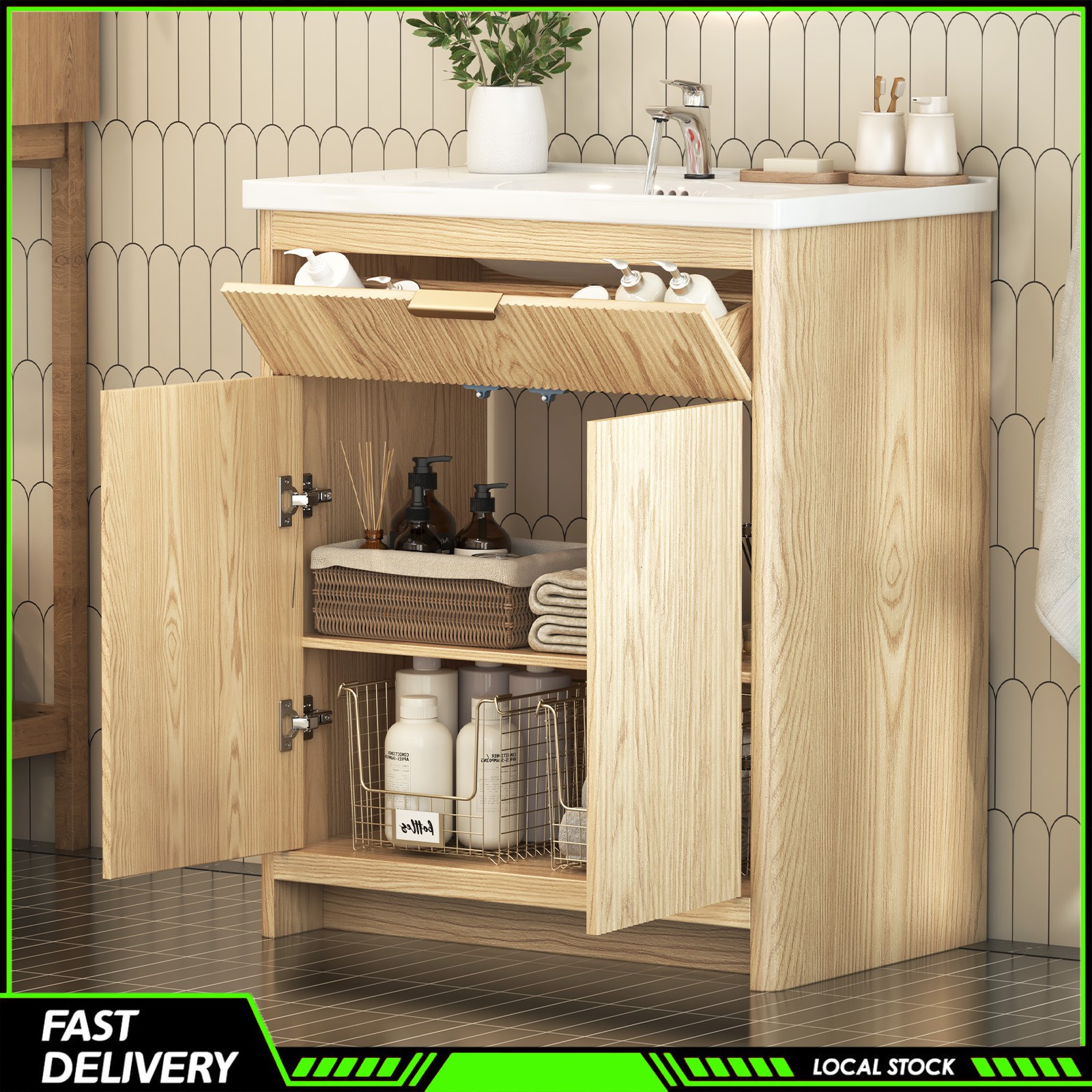 31″ Bathroom Vanity with Ceramic Sink, Modern Storage Cabinet w/ Doors & Drawers