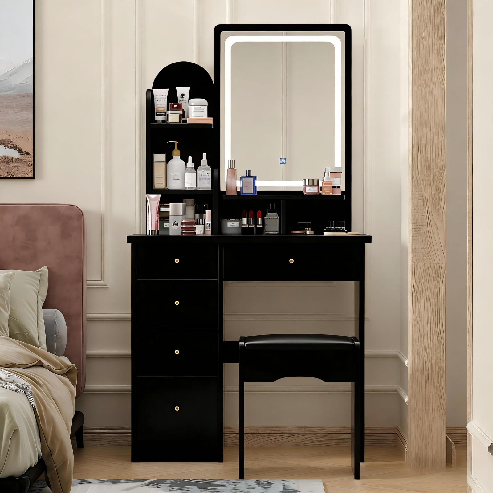 Makeup Vanity Set with Lighted Mirror 5 Drawers Dressing Table Stool Black