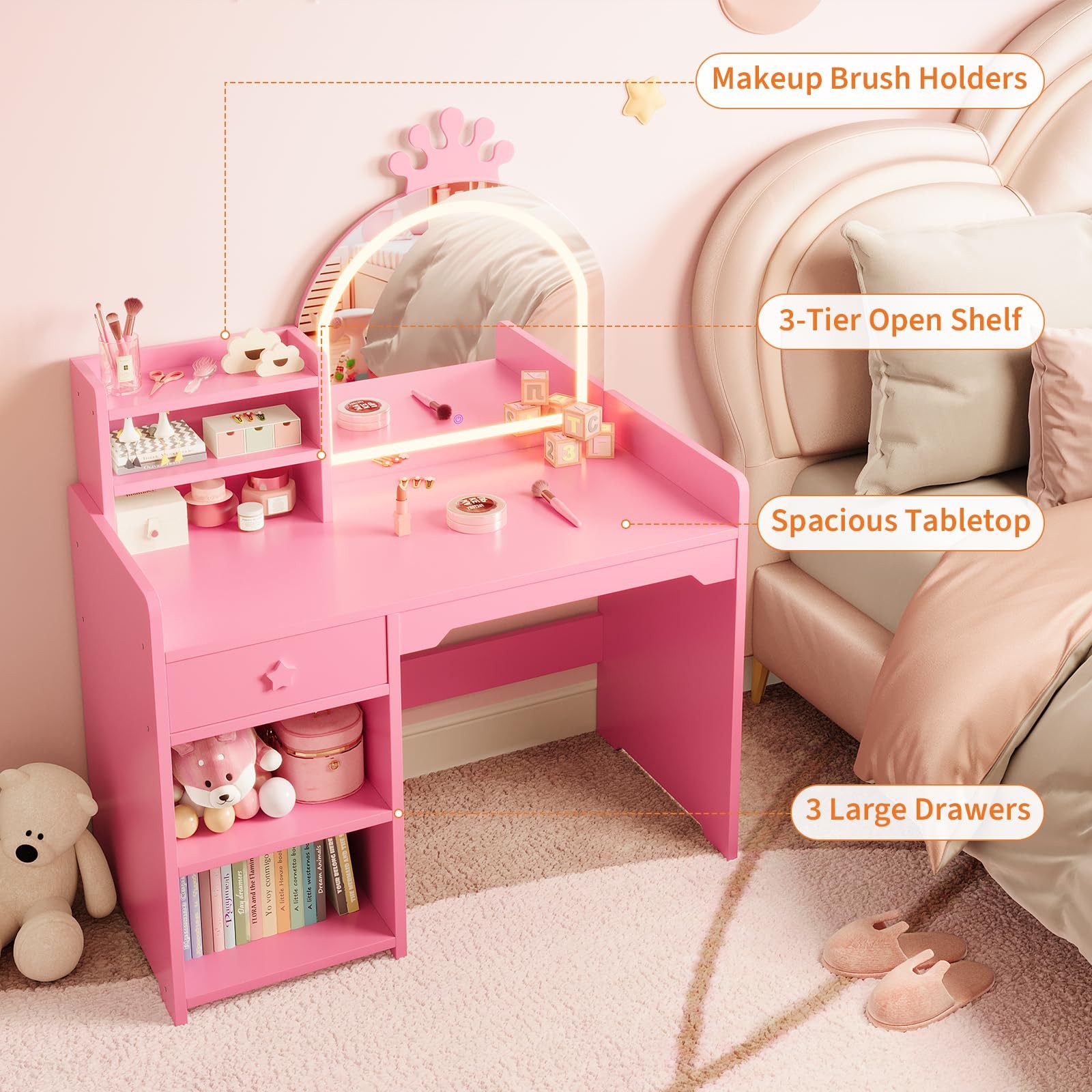 Kids Vanity with Lights 2-in-1 Princess Makeup Table Chair Set Bookshelf Pink