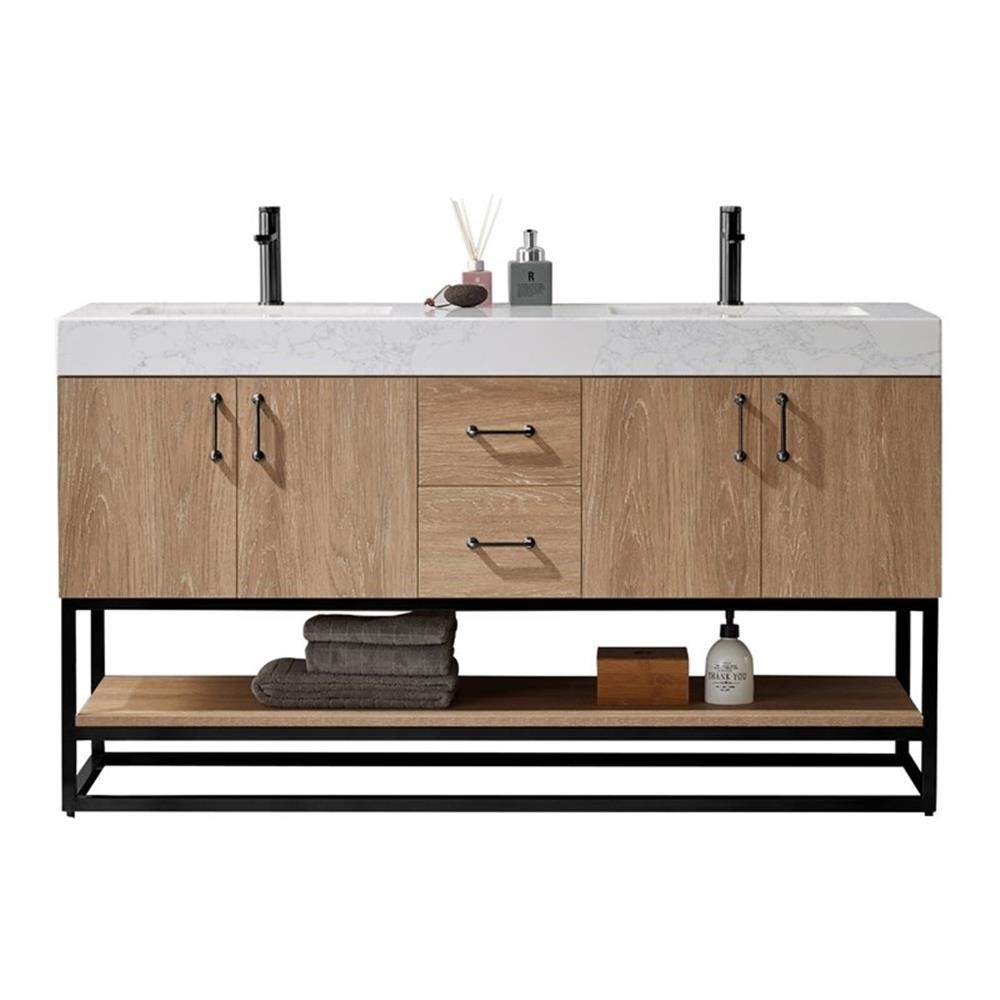 Pemberly Row 60″ White Stone Top Oak Double Vanity Black Frame w/o Mirror