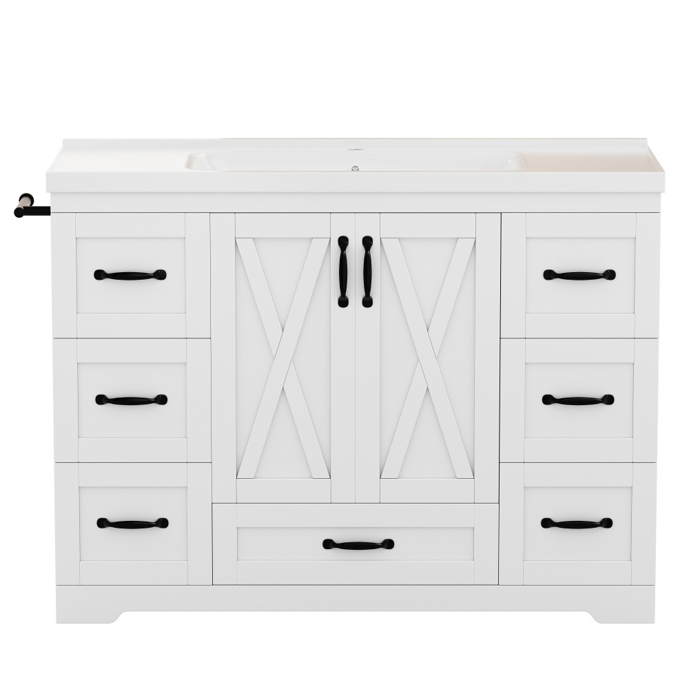 48in Bathroom Vanity W/Sink Ceramic Top Backsplash 6 Drawers Towel Bar Storage