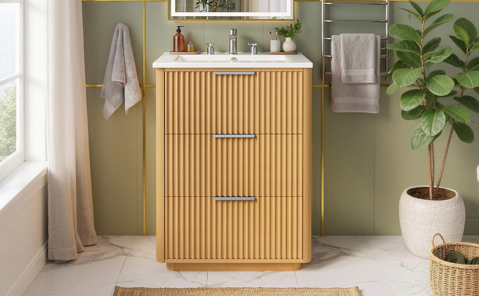 24 Inch Modern Bathroom Vanity with Ceramic Sink, Natural Wood
