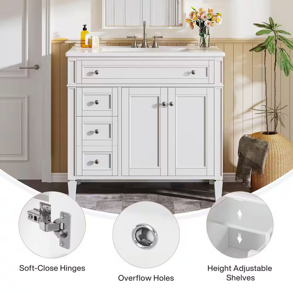 36 In. Single Sink Freestanding White Bath Vanity with White Ceramic Top Unassem