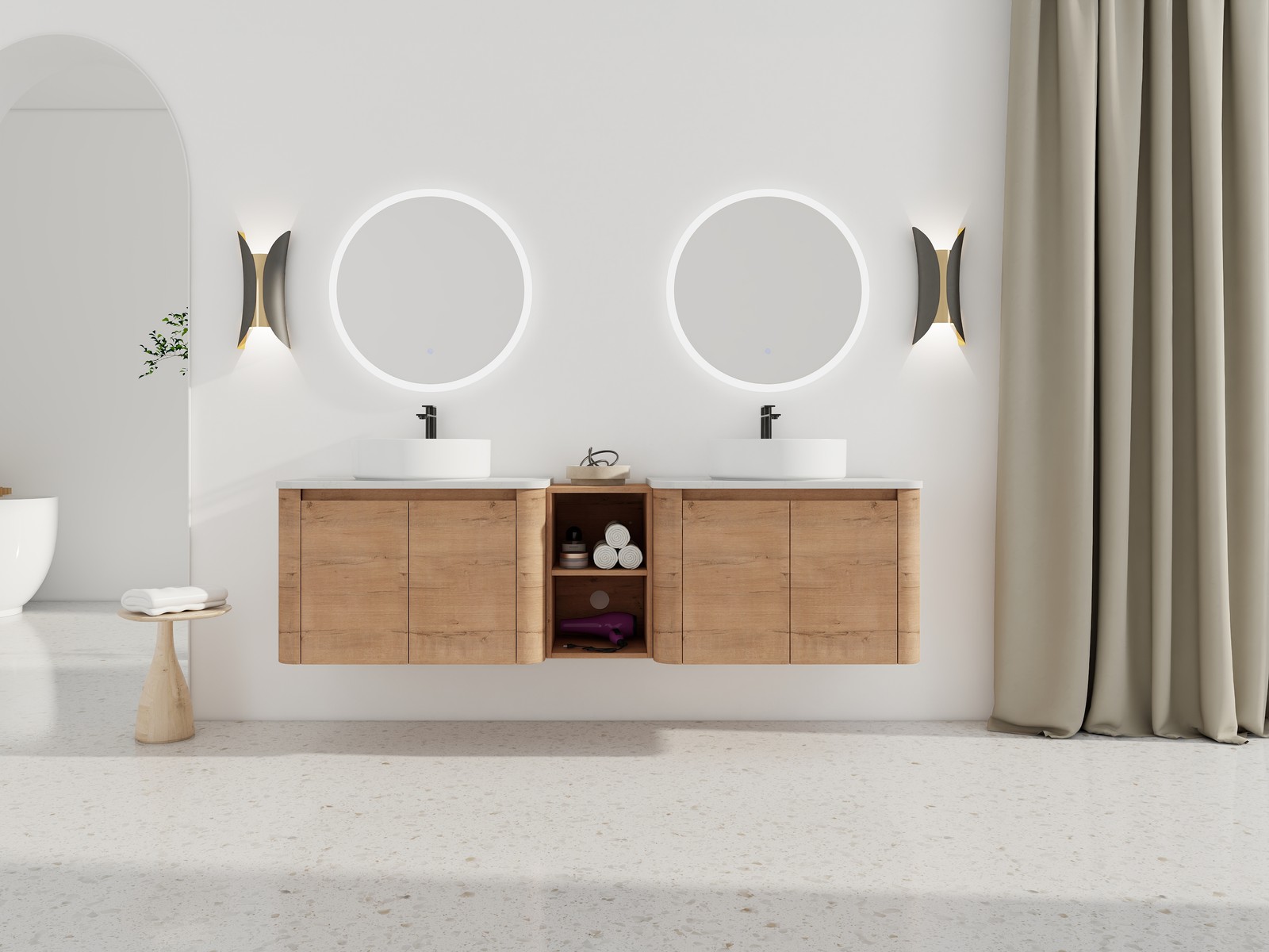 72” Wall-Mounted Bathroom Vanity Double Ceramic White Vessel Sink 4 Doors Wood