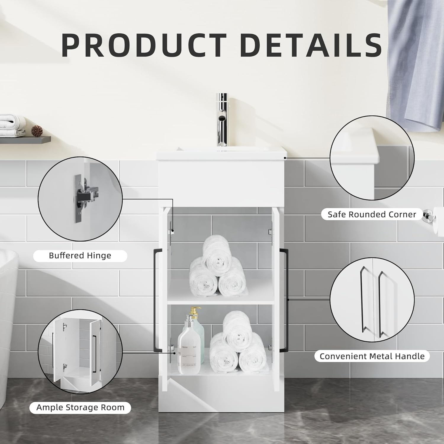 White Freestanding Bathroom Vanity 16″ Single Sink Cabinet 2 Door Storage