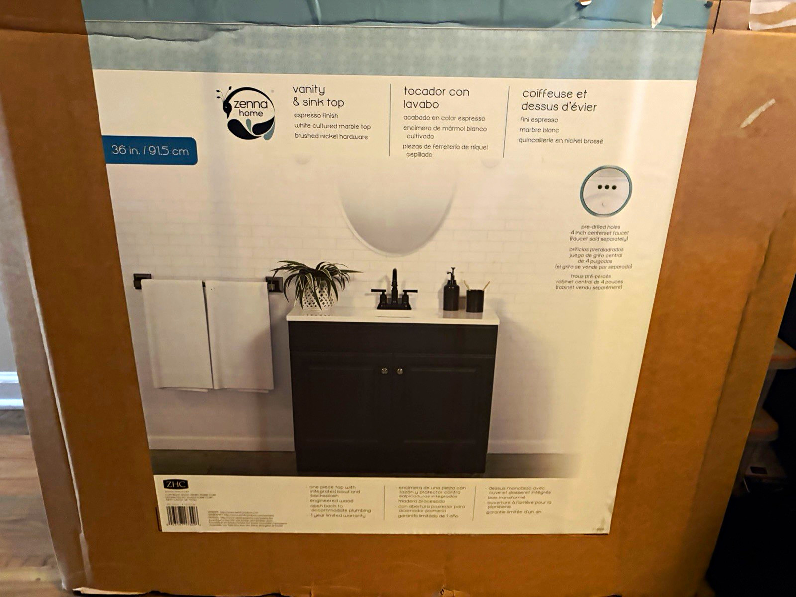 Zenna Home Carmody 36″ Espresso Bathroom Vanity w/ Cultured Marble Top, Nickel