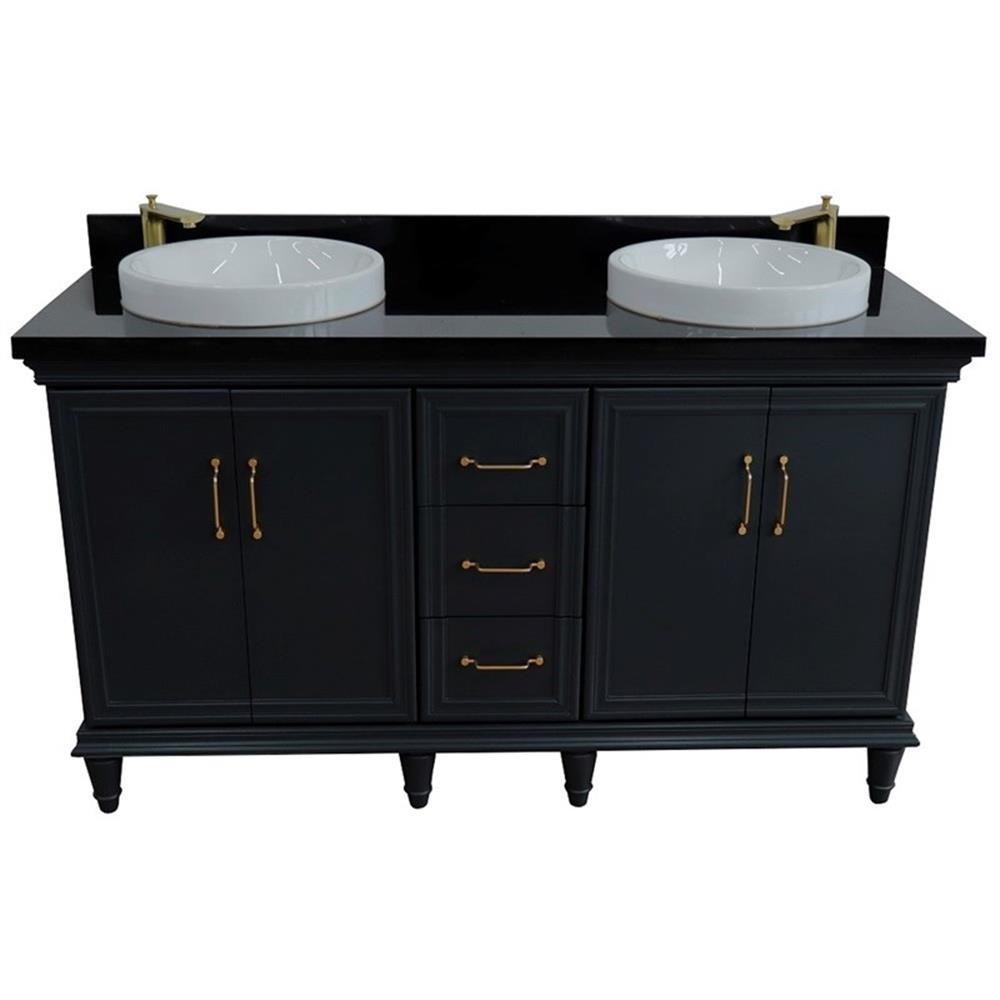61 in. Double Wooden Vanity Dark Gray Black Galaxy Granite Round Sink