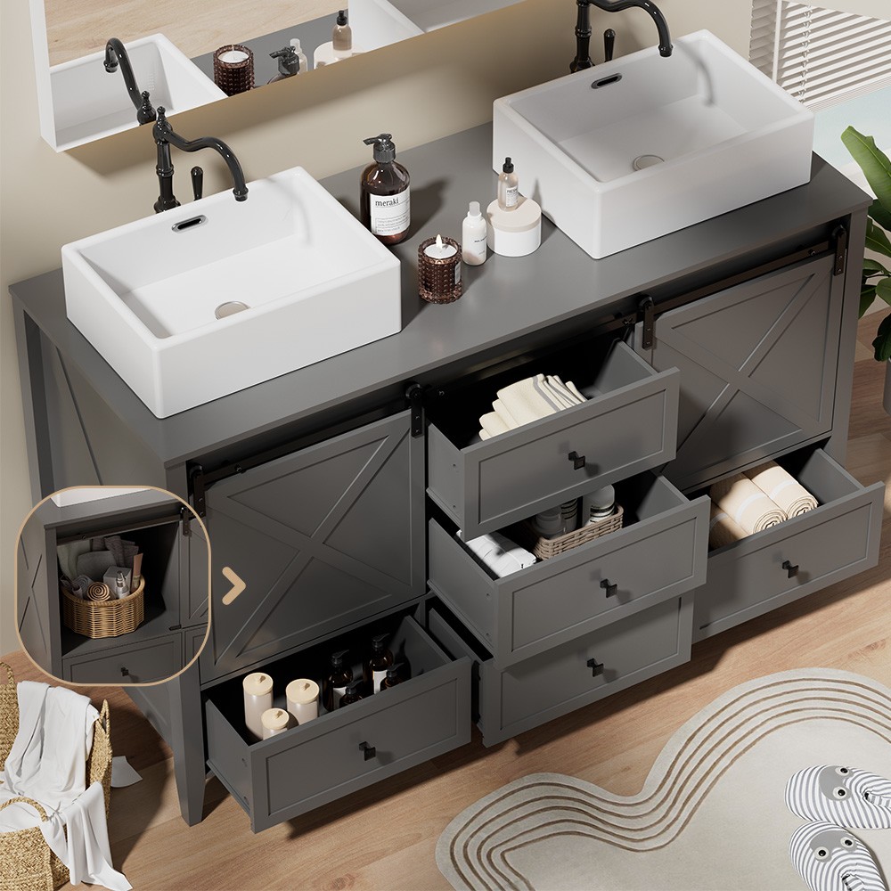 60″ Bathroom Vanity Cabinet Undermount Sink Storage Organizer Vessel Sink Grey
