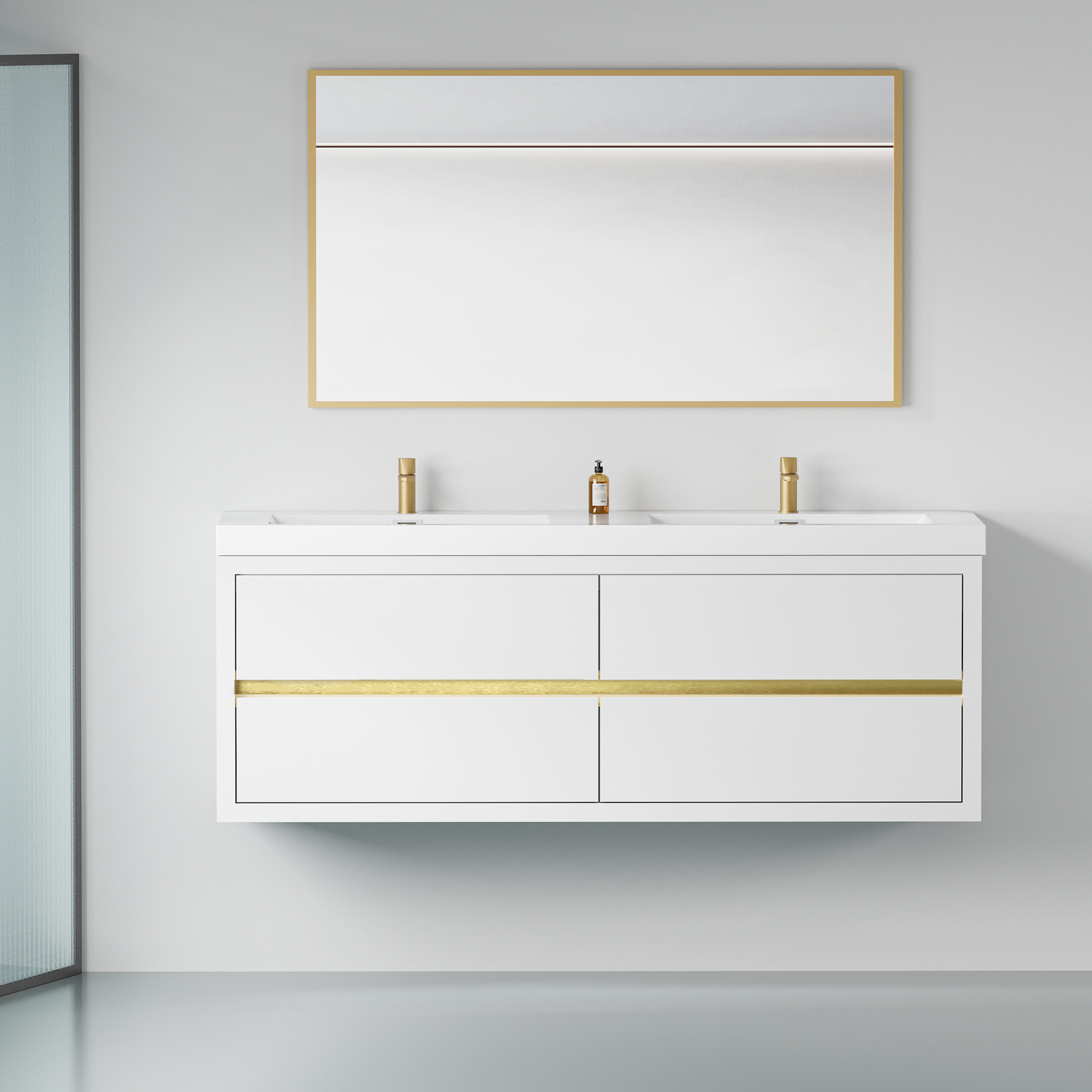 60″ Floating Wall-Mounted Bathroom Vanities Cabinet 4 Drawers+ Stone Resin Sink