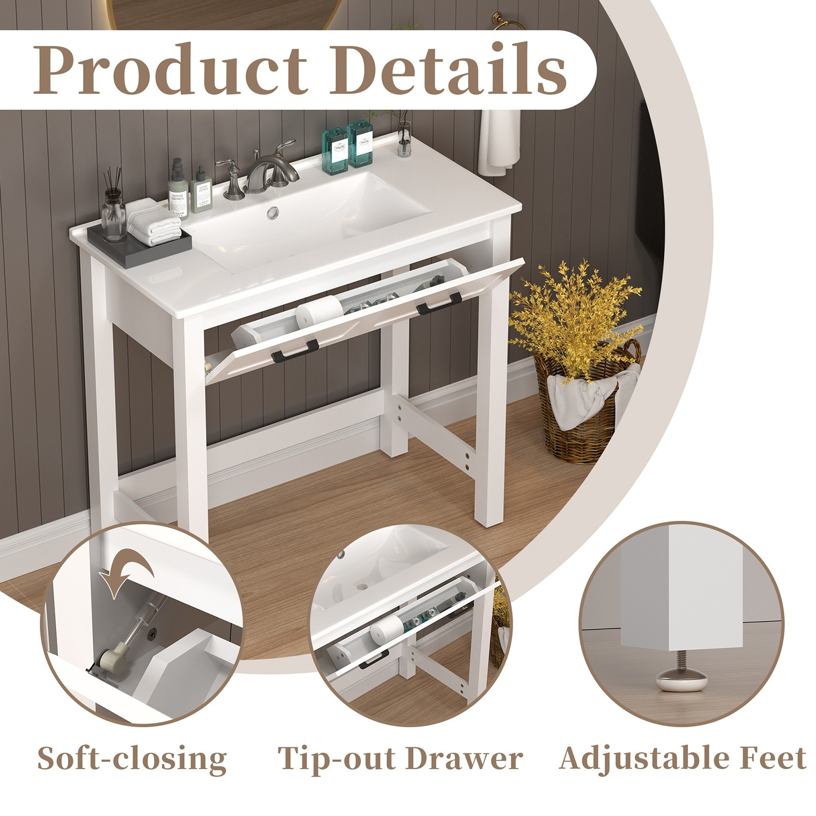 36″ ADA Compliant Bathroom Vanity w/ a Tip-out Drawer & Ceramic Sink for Elderly