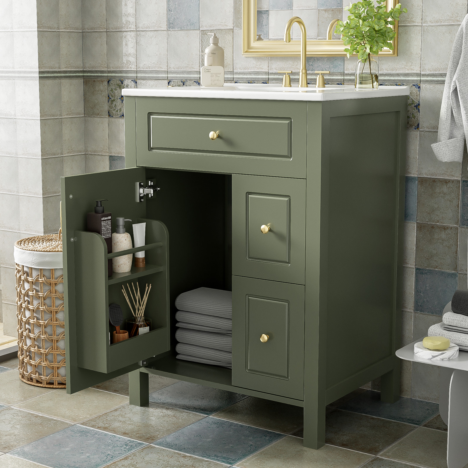 24″ Bathroom Vanity with Ceramic Sink Modern Bathroom Storage Cabinet Soft Close