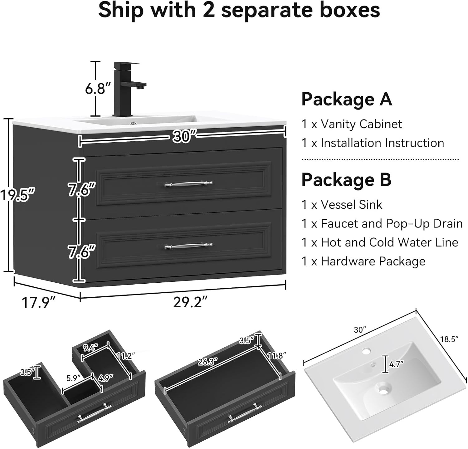 YOURLITE 30″ Floating Bathroom Vanity with Sink Combo, Painted Surface Wall Moun