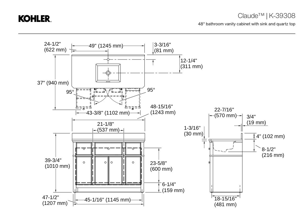 Kohler 39308-DAK 48” Claude by Studio McGee Vanity Draper Oak Finish