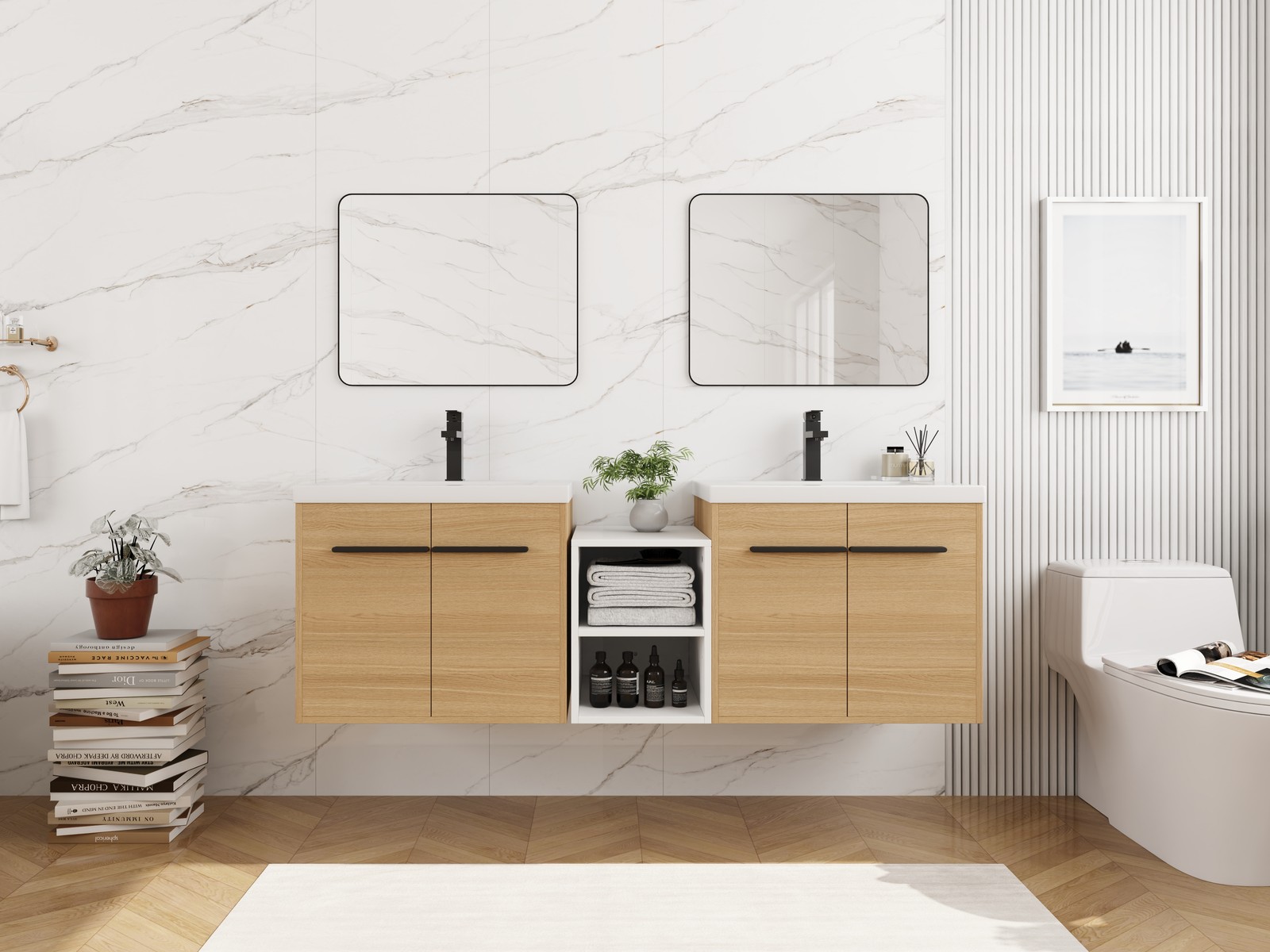 60 Inch Wall Mounted Bathroom Vanity with Resin Sink, 4 Doors & Shelves