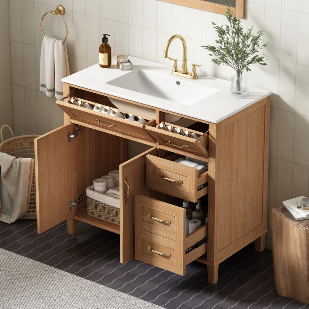 36″ Bathroom Vanity with Ceramic Sink, Modern Natural Wood Grain Vanity