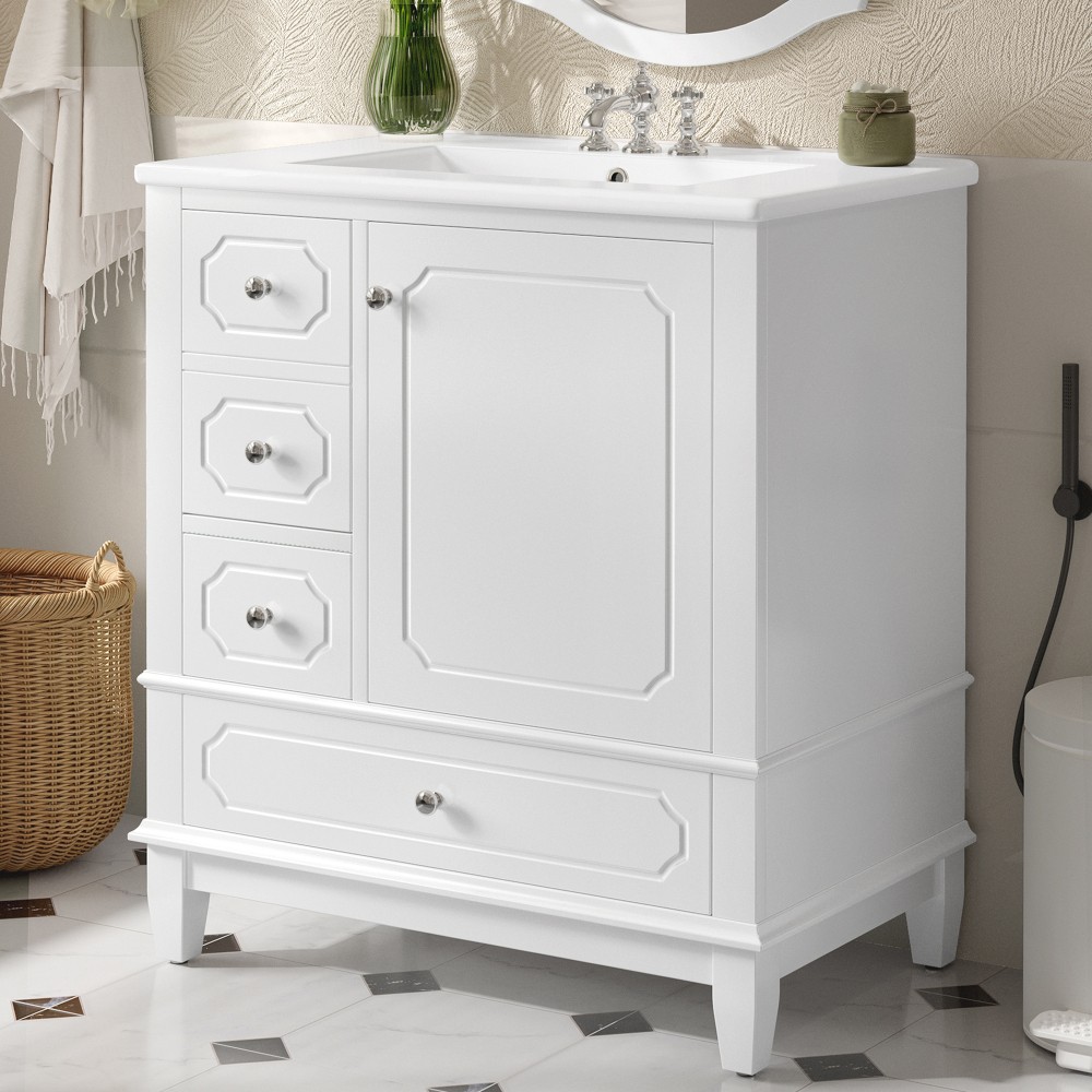 30″Bathroom Vanity with Sink Freestanding White Vanity Cabinetwith Ceramic Basin