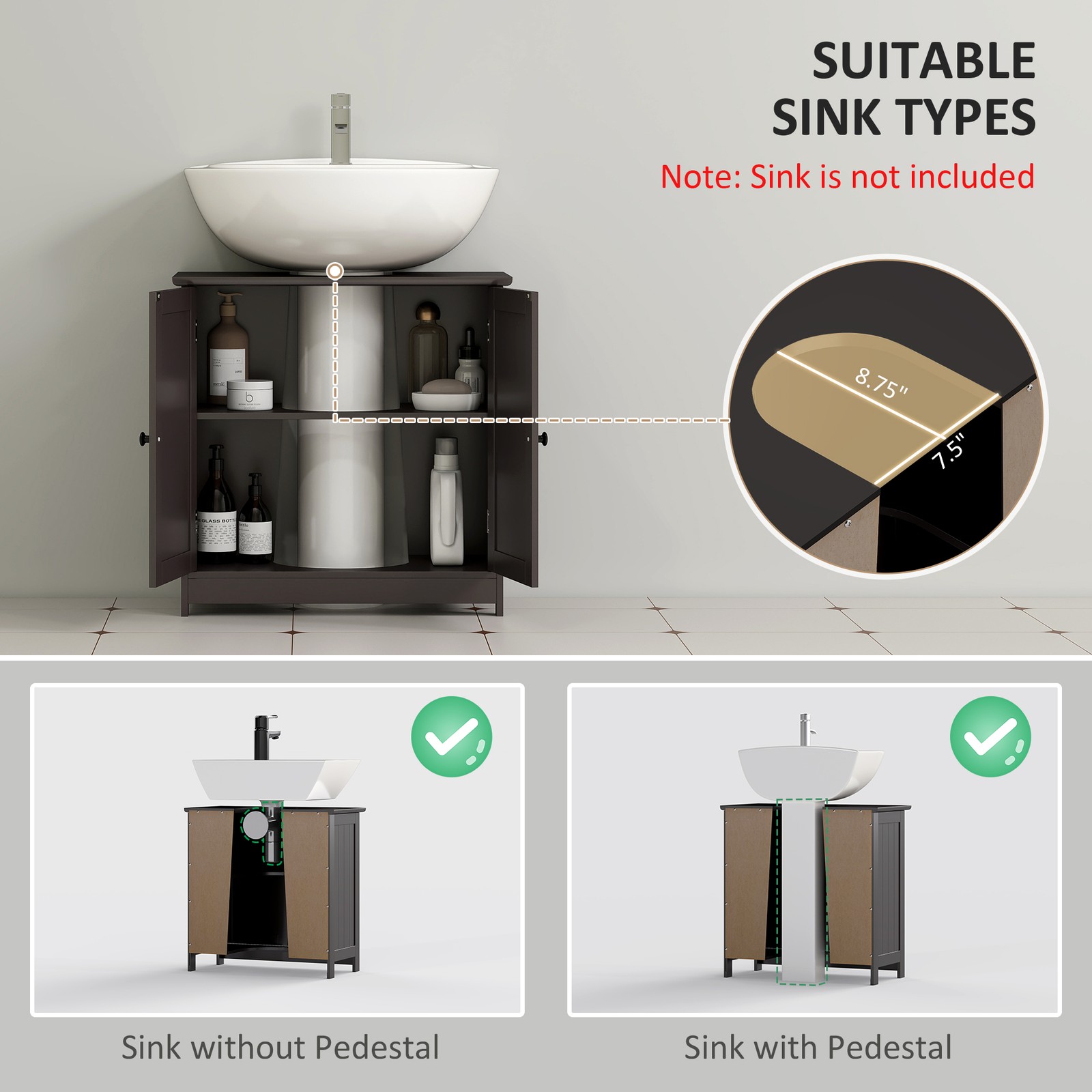 Under Sink Bathroom Cabinet with 2 Doors and Shelf, Coffee
