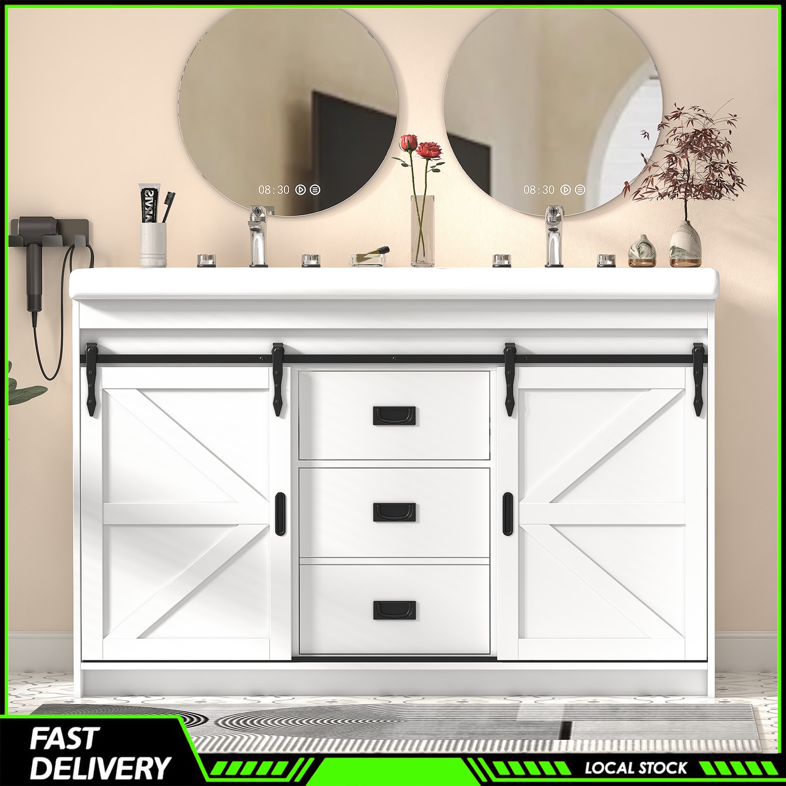 47” Bathroom Vanity &Double Sink Ceramic Basin Modern Storage Cabinet 3 Drawers