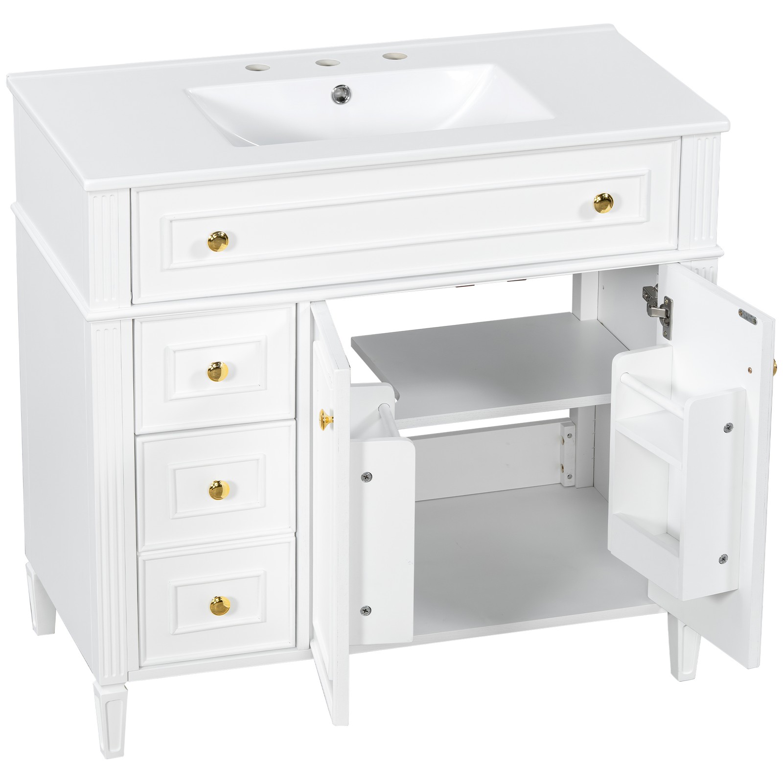 White 36 Inch Bathroom Vanity with Sink, Solid Wood Cabinet, Gold Handles