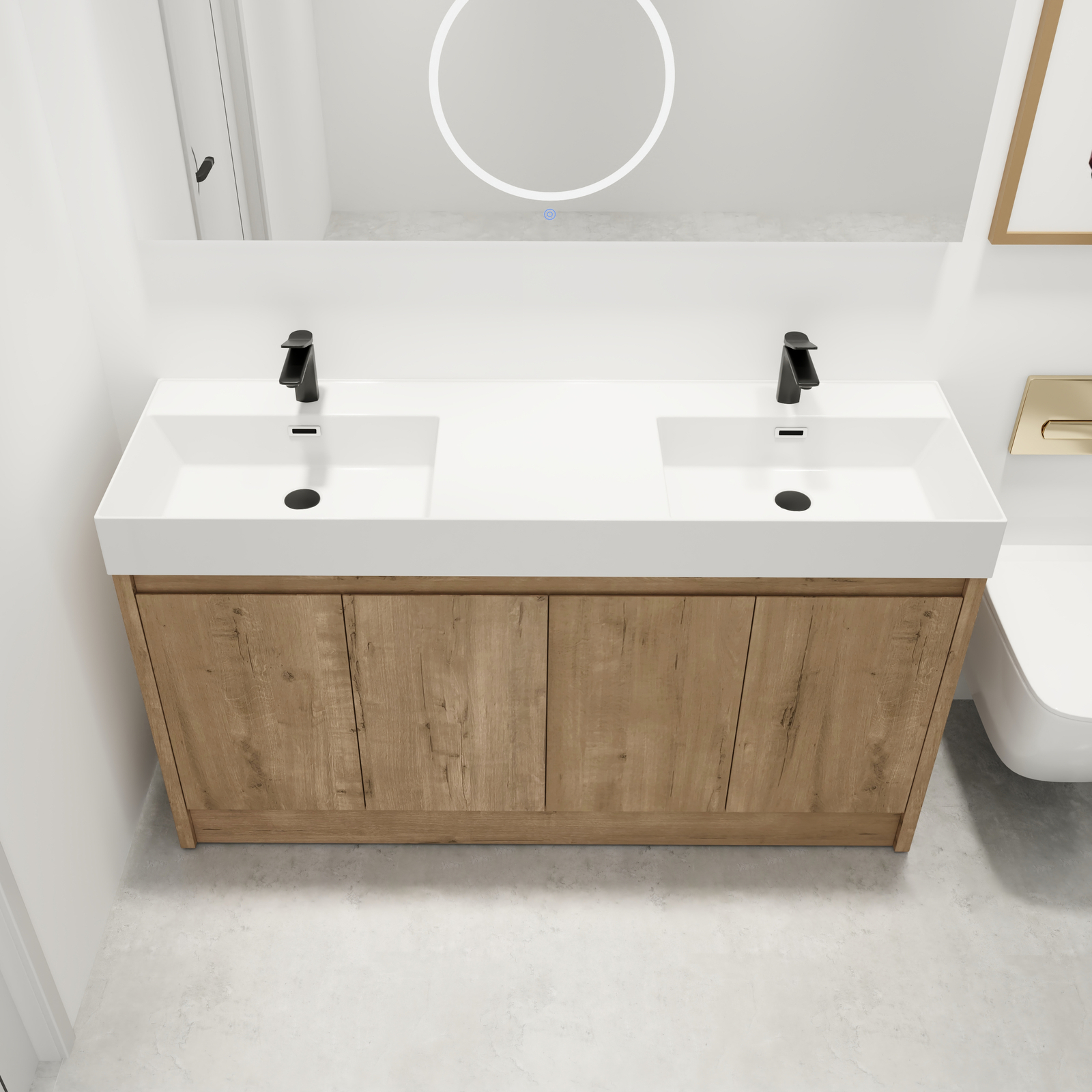 60 inch Freestanding Bathroom Vanity Cabinet Storage W/Dual Basin Sink +4 Doors