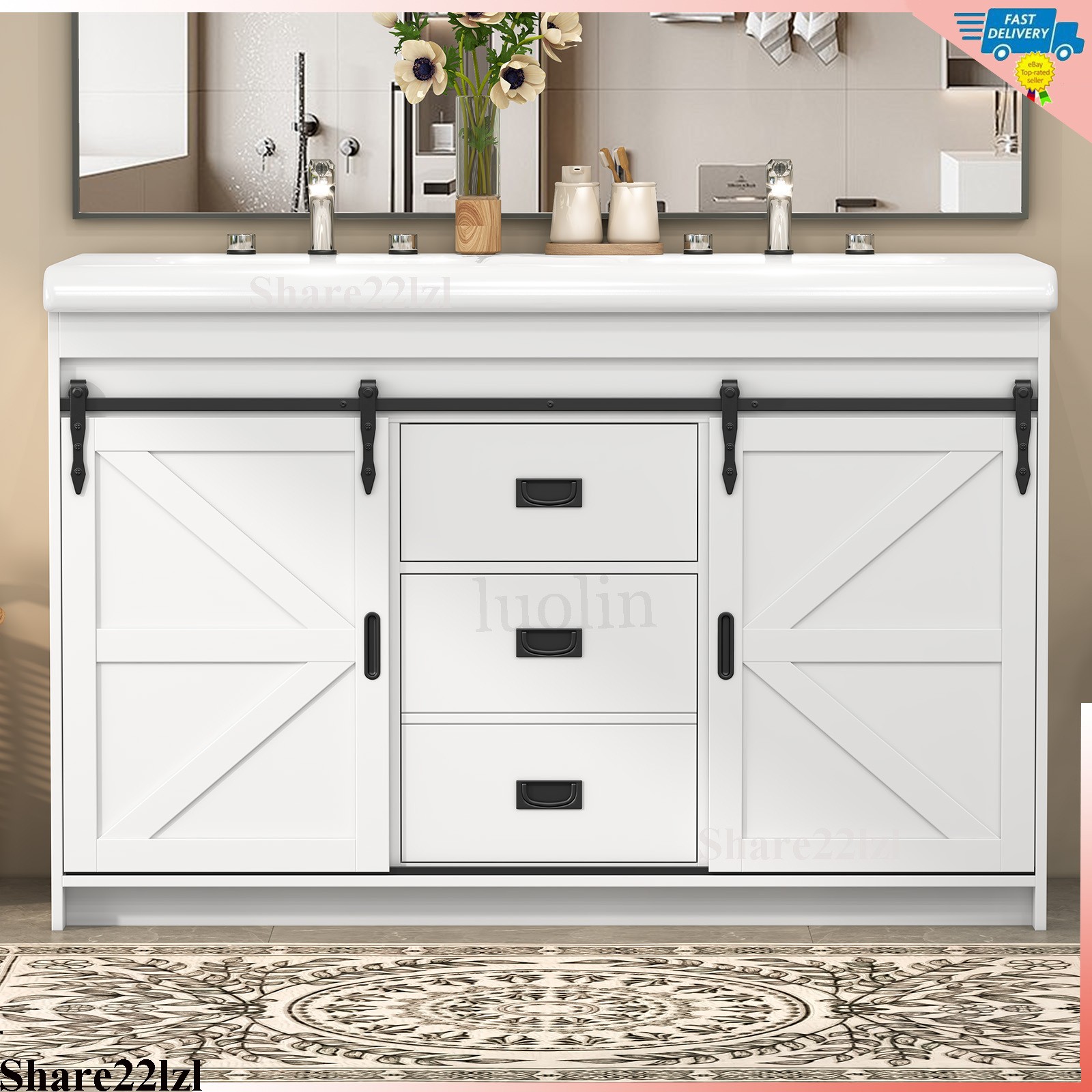 47inch Bathroom Vanity with Ceramic Sink,Bathroom Cabinet w/2 Soft Close Doors